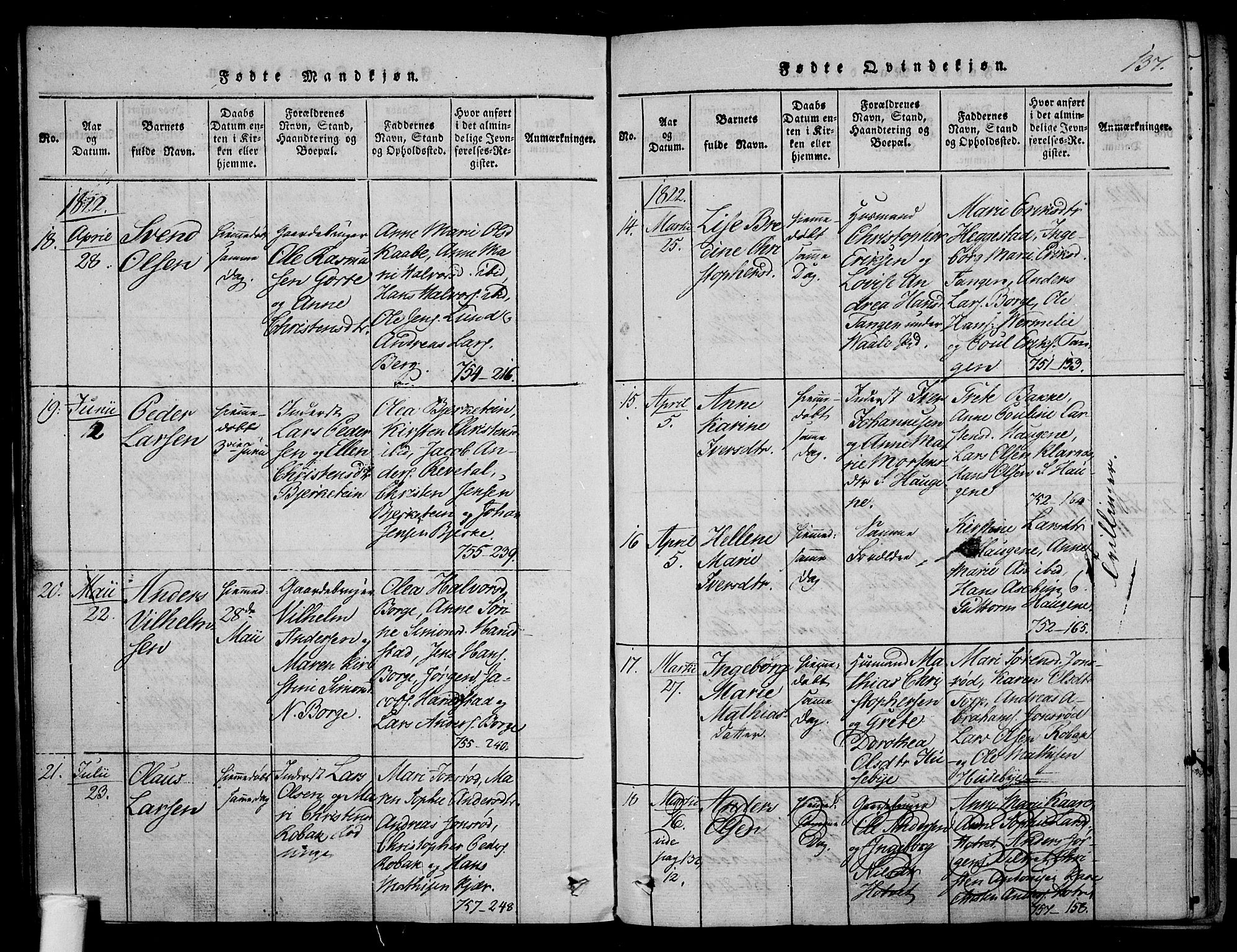 Våle kirkebøker, AV/SAKO-A-334/F/Fa/L0007: Parish register (official) no. I 7, 1814-1824, p. 136-137