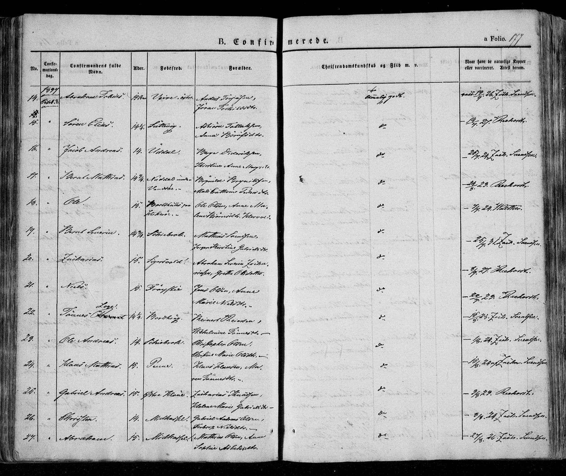 Lista sokneprestkontor, AV/SAK-1111-0027/F/Fa/L0009: Parish register (official) no. A 9, 1835-1846, p. 177