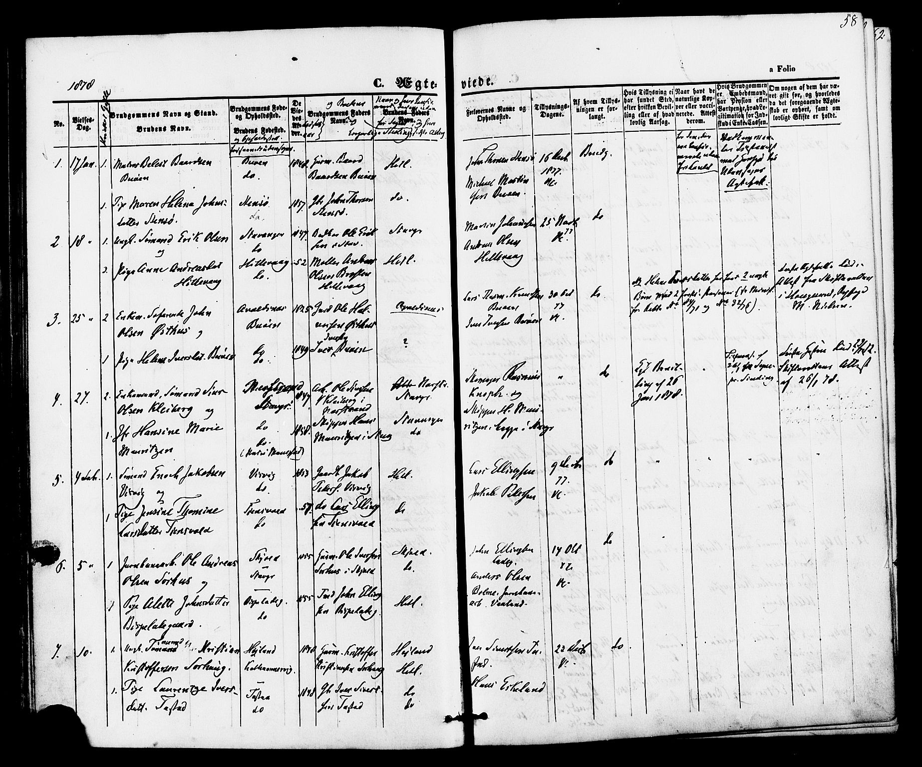 Hetland sokneprestkontor, AV/SAST-A-101826/30/30BA/L0005: Parish register (official) no. A 5, 1869-1884, p. 58