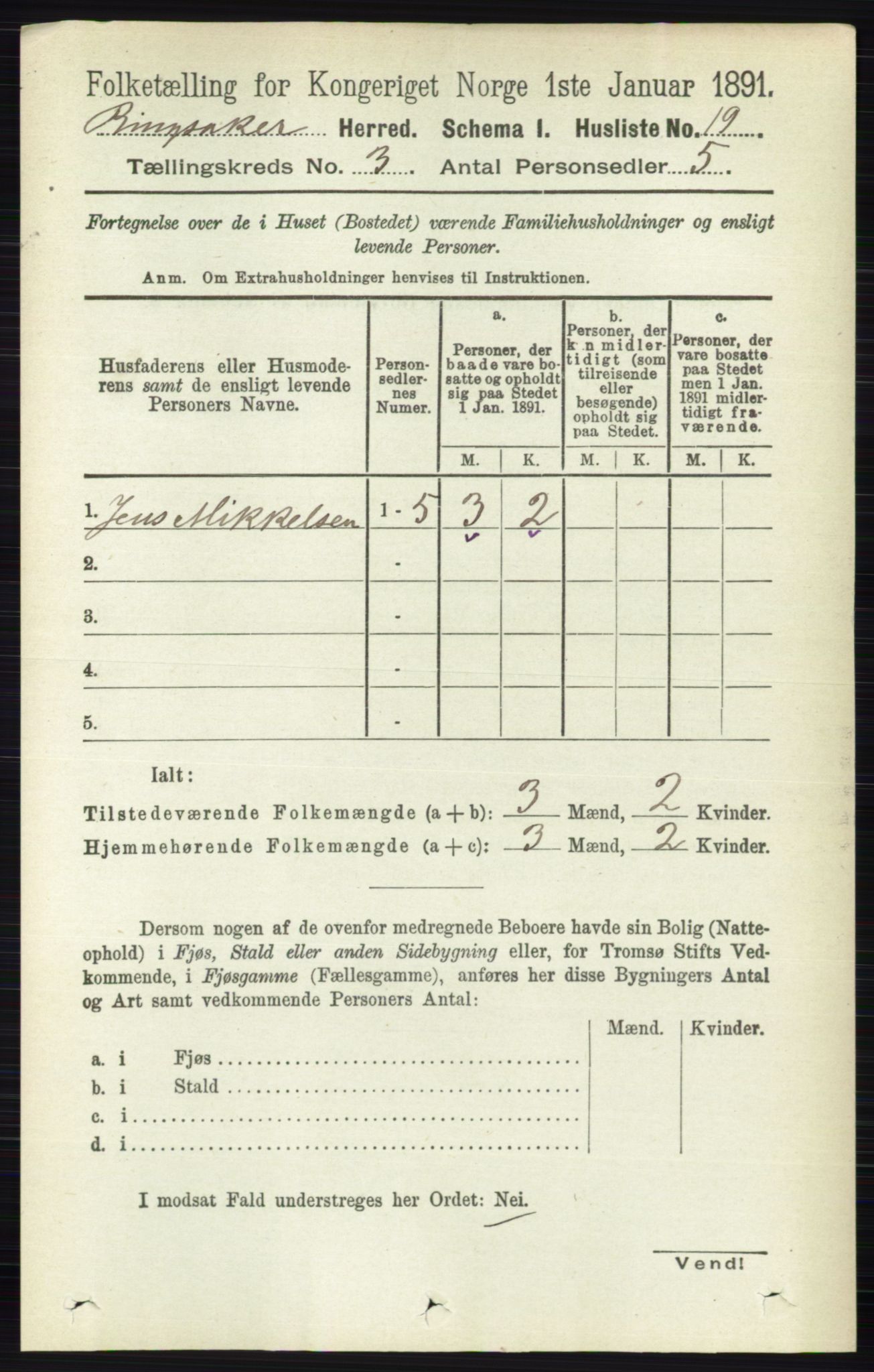 RA, 1891 census for 0412 Ringsaker, 1891, p. 1180