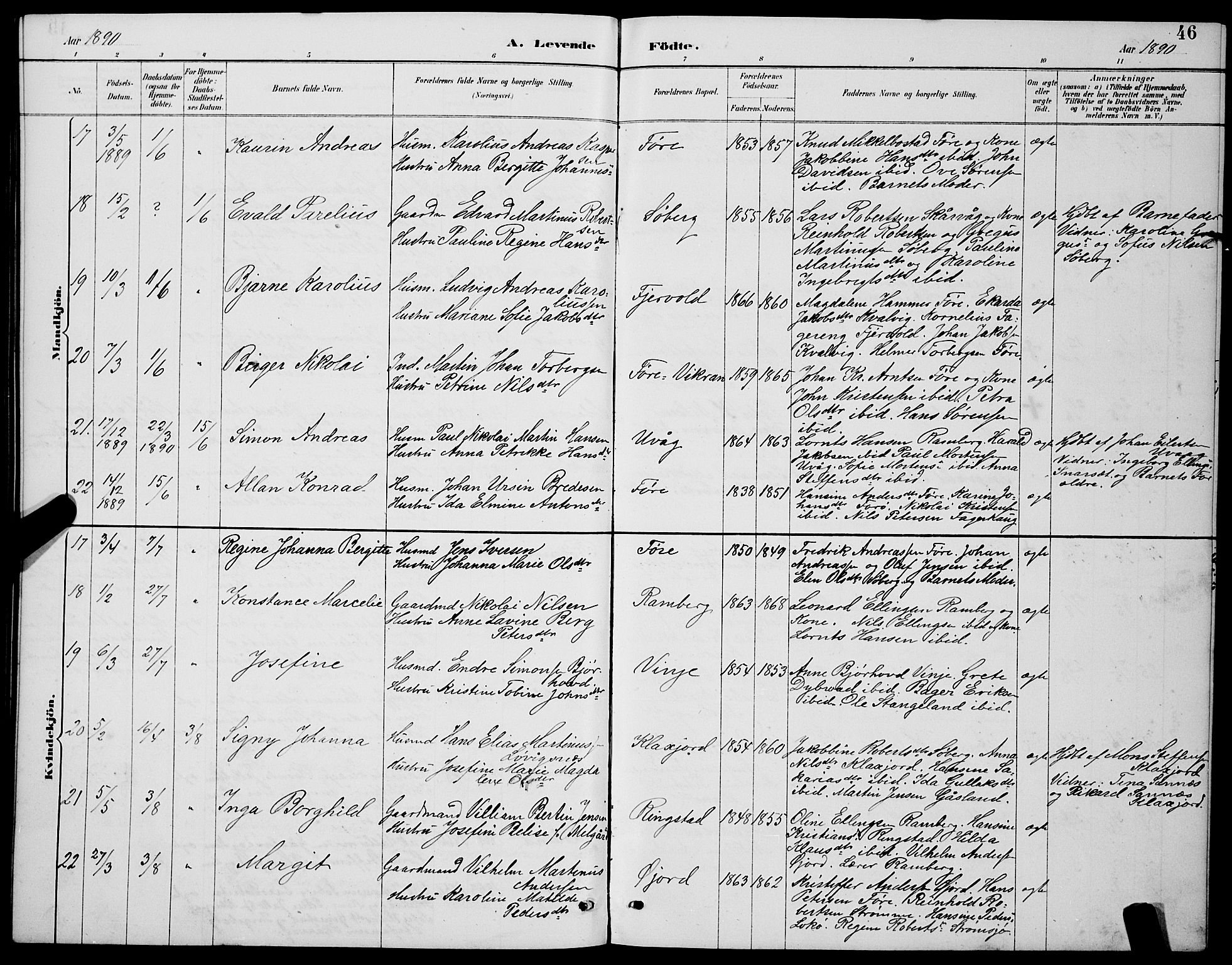 Ministerialprotokoller, klokkerbøker og fødselsregistre - Nordland, AV/SAT-A-1459/891/L1315: Parish register (copy) no. 891C04, 1886-1893, p. 46