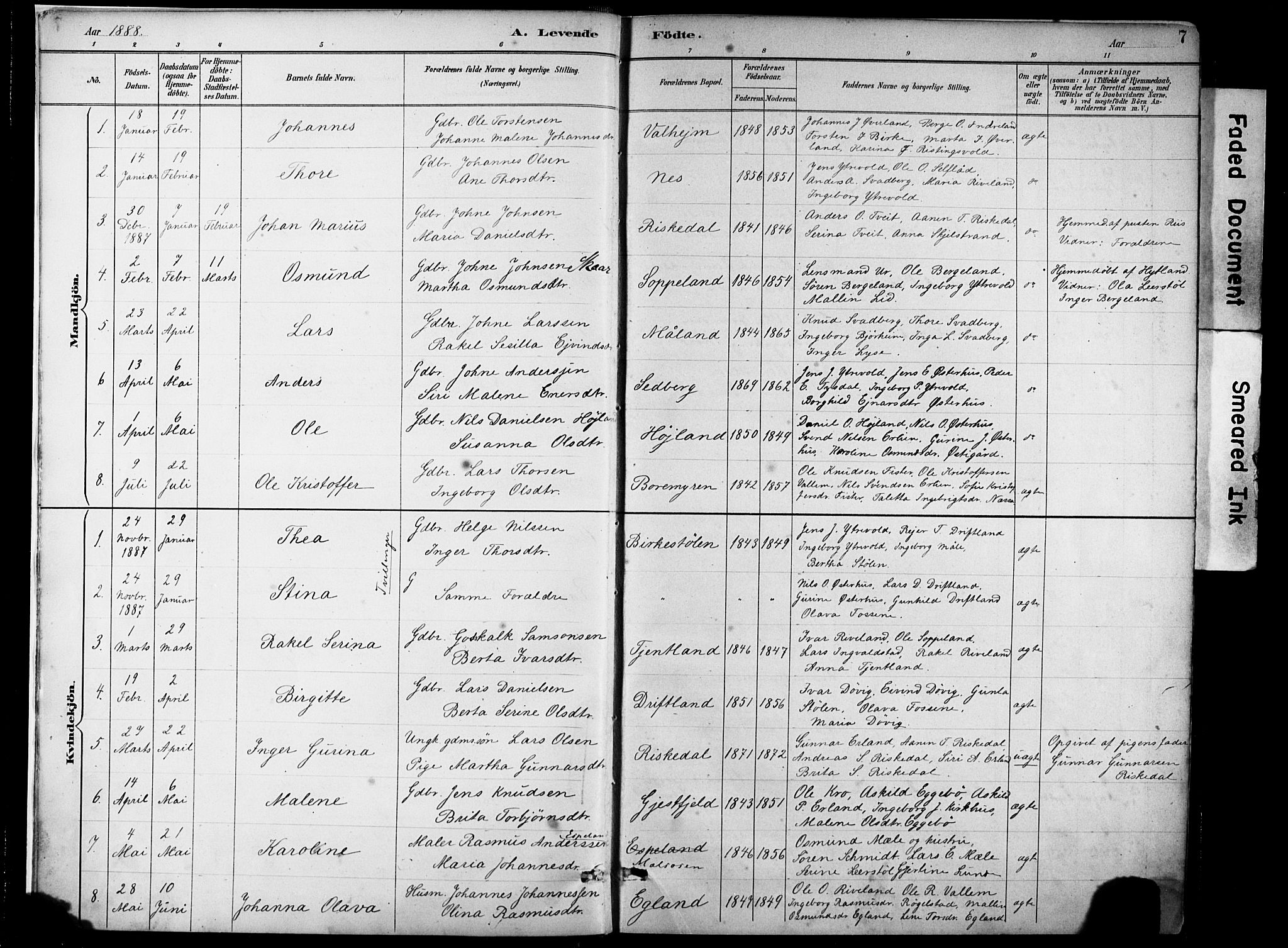 Hjelmeland sokneprestkontor, AV/SAST-A-101843/02/A/L0001: Parish register (official) no. A 16, 1887-1926, p. 7