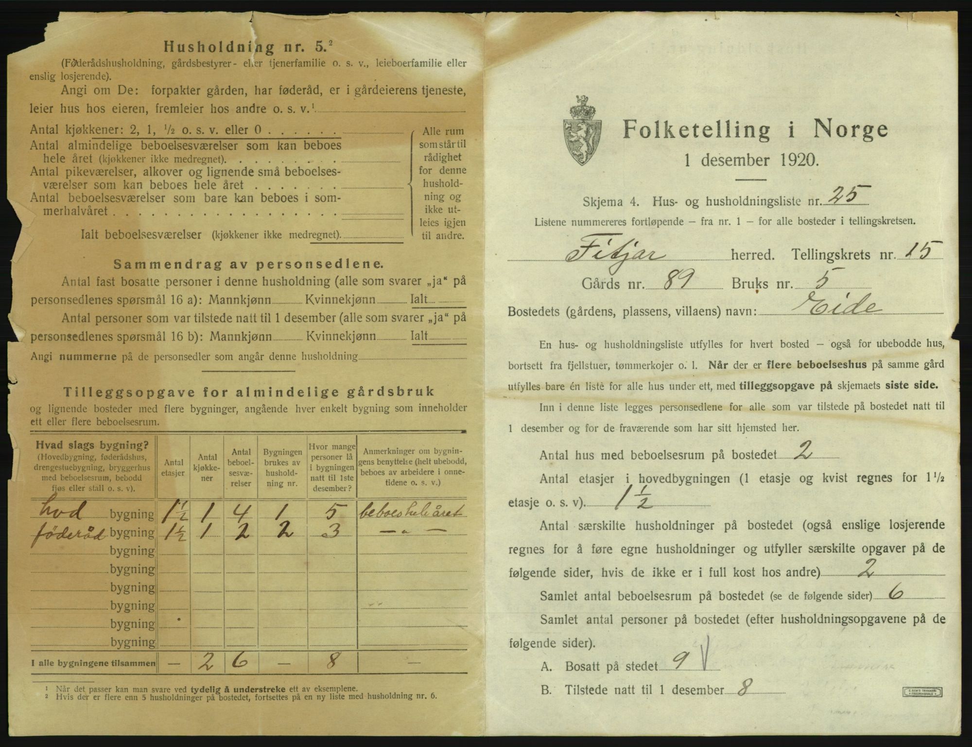 SAB, 1920 census for Fitjar, 1920, p. 944