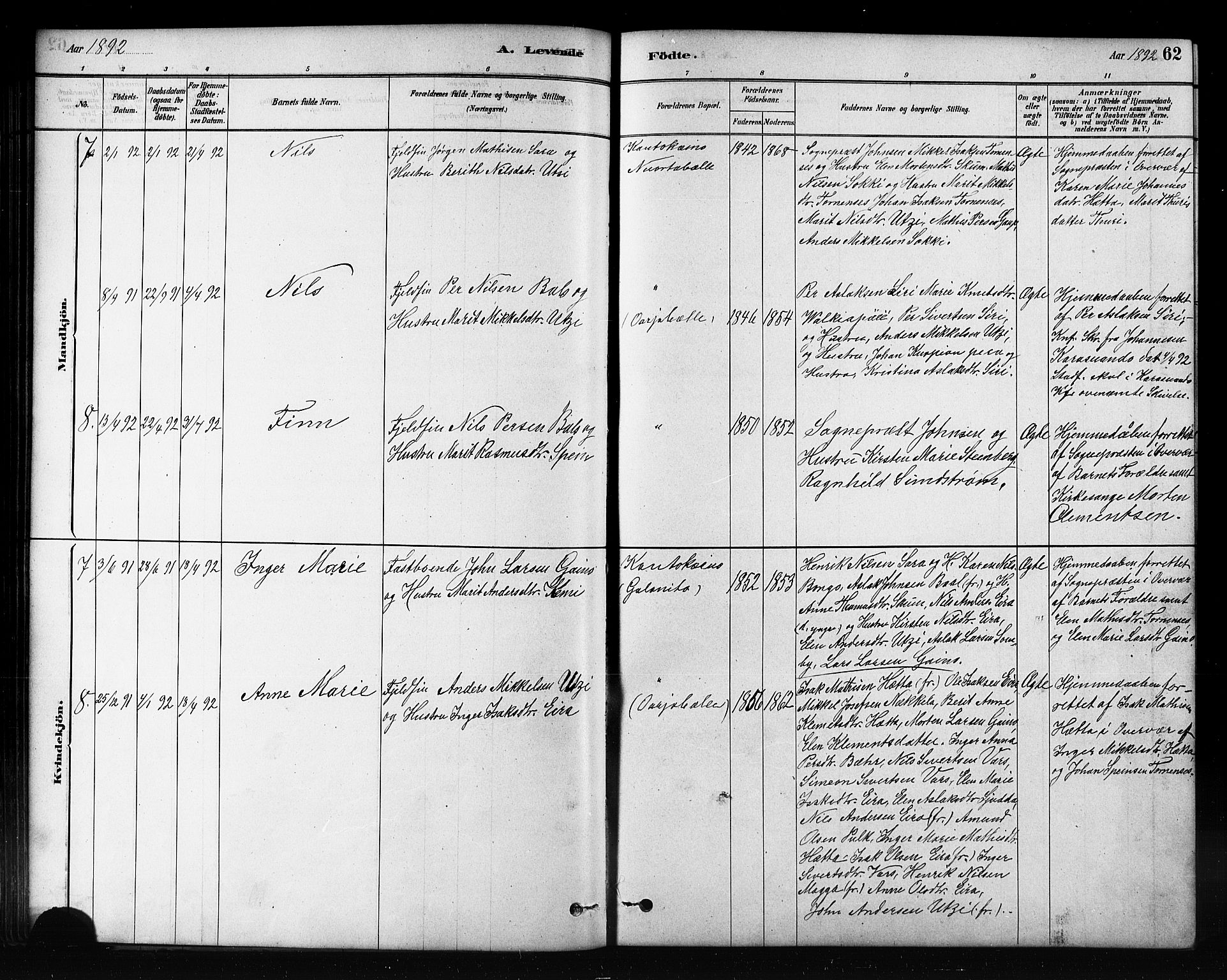 Kautokeino sokneprestembete, SATØ/S-1340/H/Hb/L0002.klokk: Parish register (copy) no. 2, 1877-1896, p. 62