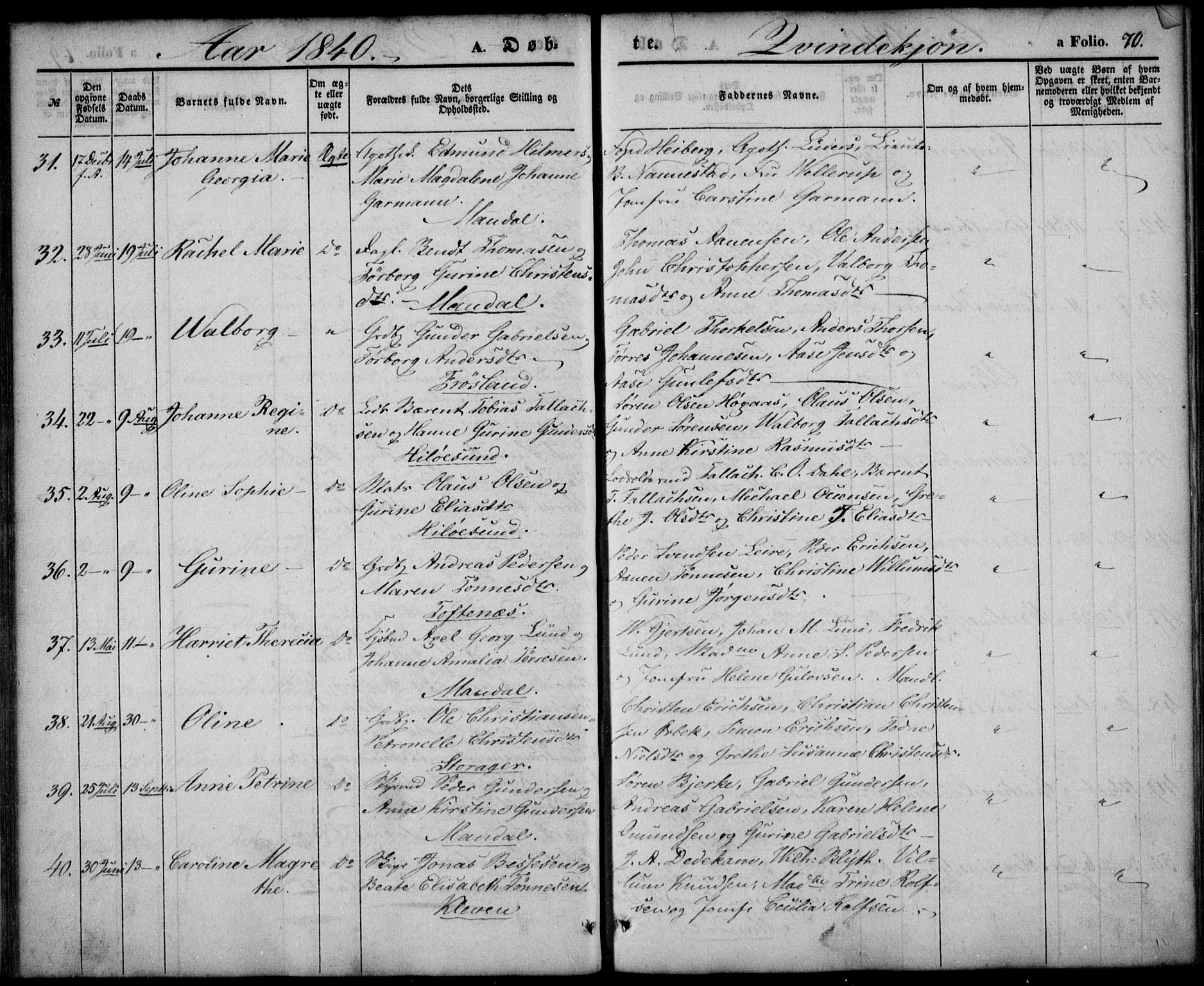 Mandal sokneprestkontor, AV/SAK-1111-0030/F/Fa/Faa/L0012: Parish register (official) no. A 12, 1840-1847, p. 70