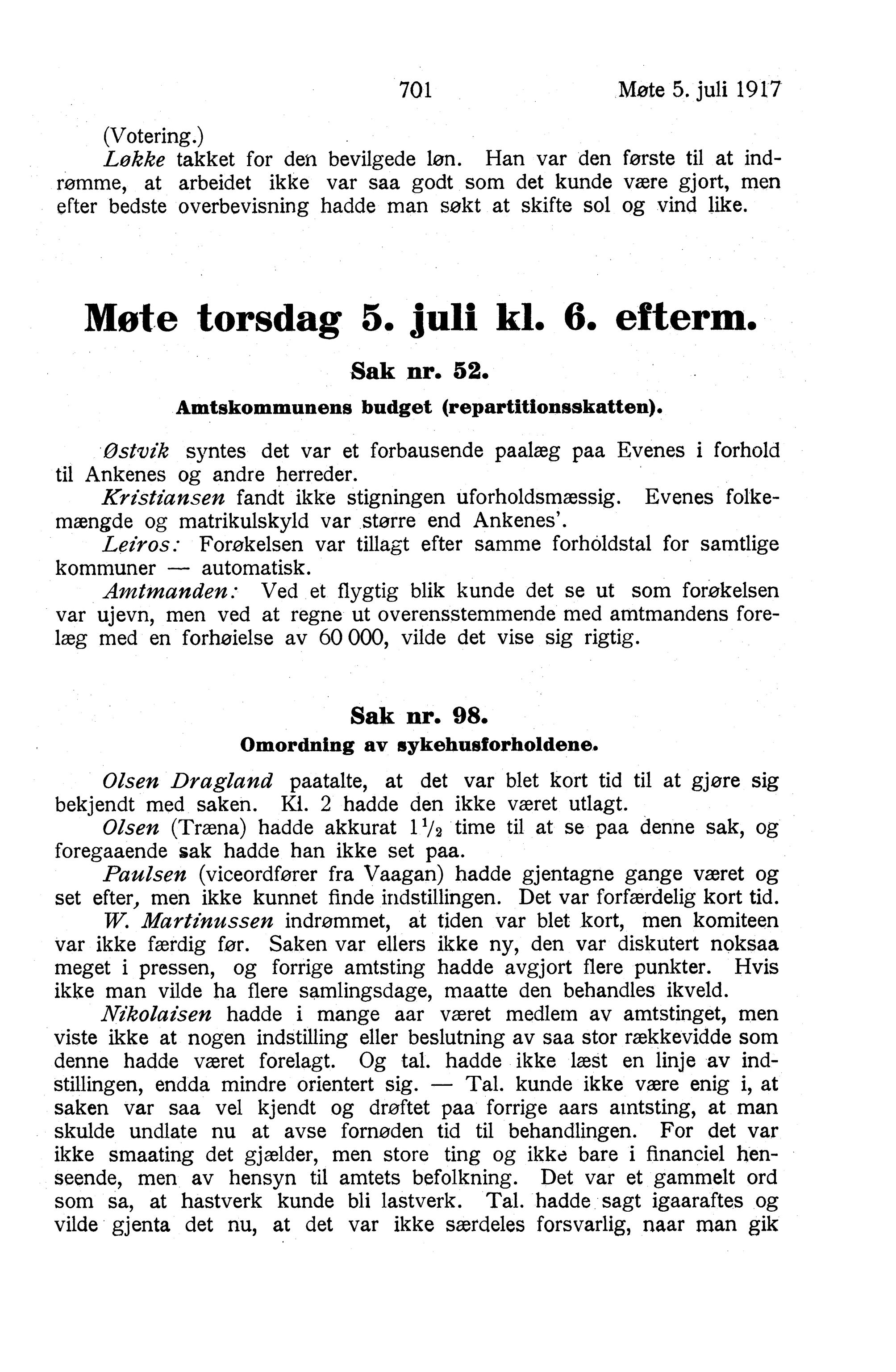 Nordland Fylkeskommune. Fylkestinget, AIN/NFK-17/176/A/Ac/L0040: Fylkestingsforhandlinger 1917, 1917, p. 701