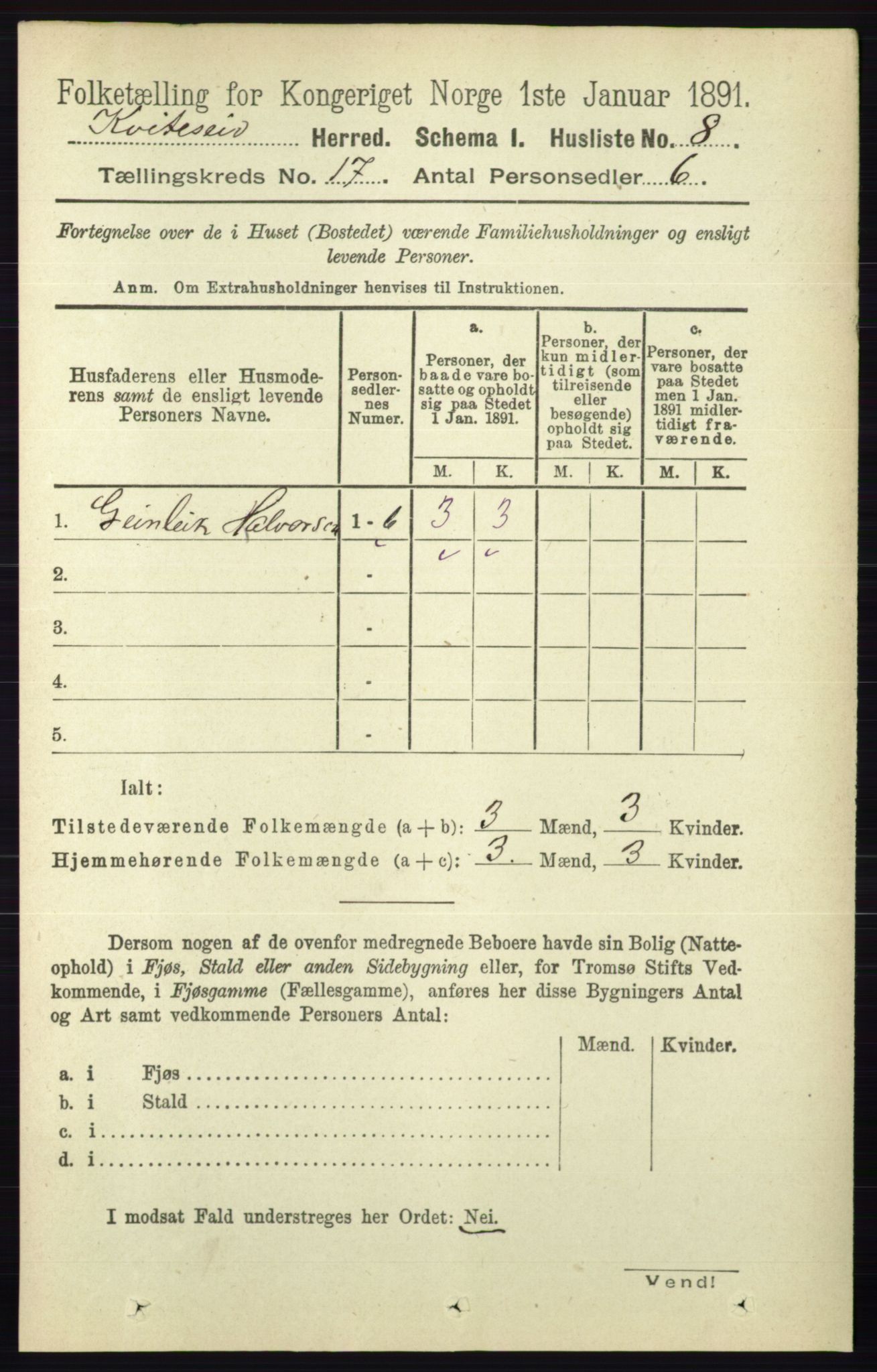 RA, 1891 census for 0829 Kviteseid, 1891, p. 3761