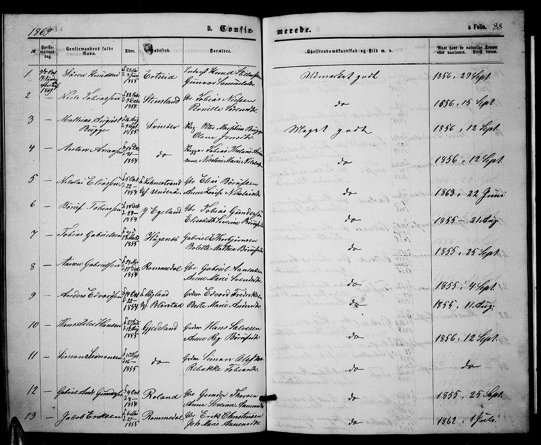 Sør-Audnedal sokneprestkontor, SAK/1111-0039/F/Fb/Fbb/L0004: Parish register (copy) no. B 4, 1868-1879, p. 88