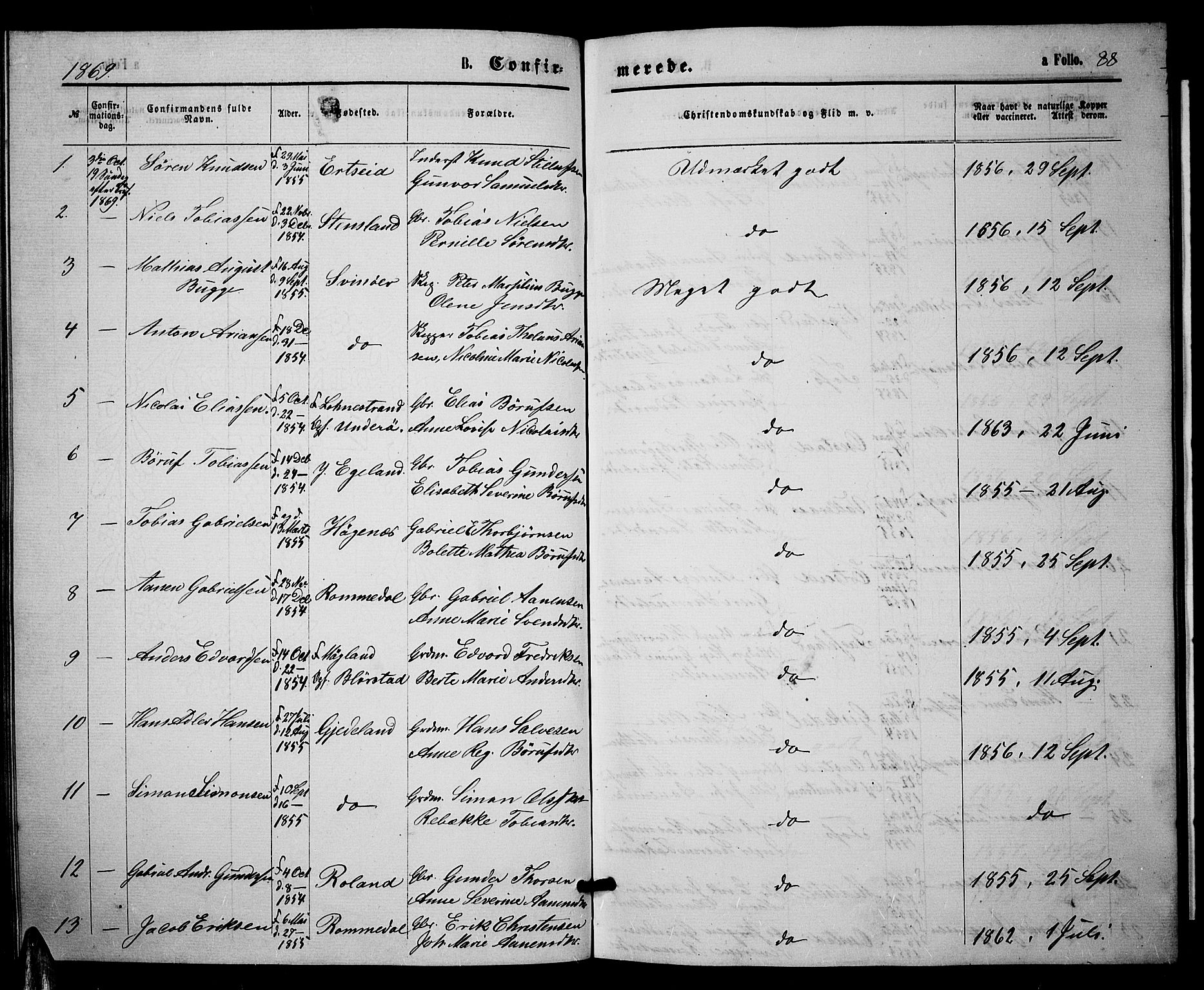 Sør-Audnedal sokneprestkontor, AV/SAK-1111-0039/F/Fb/Fbb/L0004: Parish register (copy) no. B 4, 1868-1879, p. 88