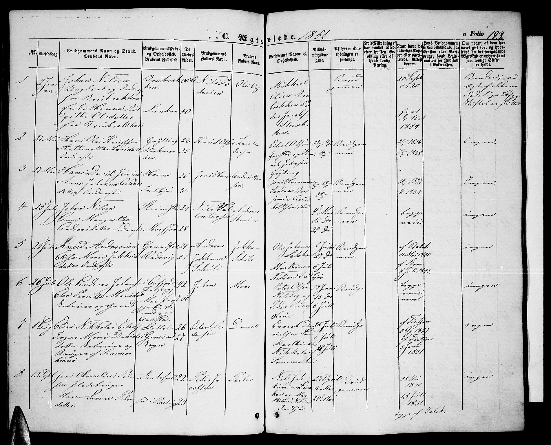 Ministerialprotokoller, klokkerbøker og fødselsregistre - Nordland, SAT/A-1459/888/L1265: Parish register (copy) no. 888C03, 1850-1863, p. 193