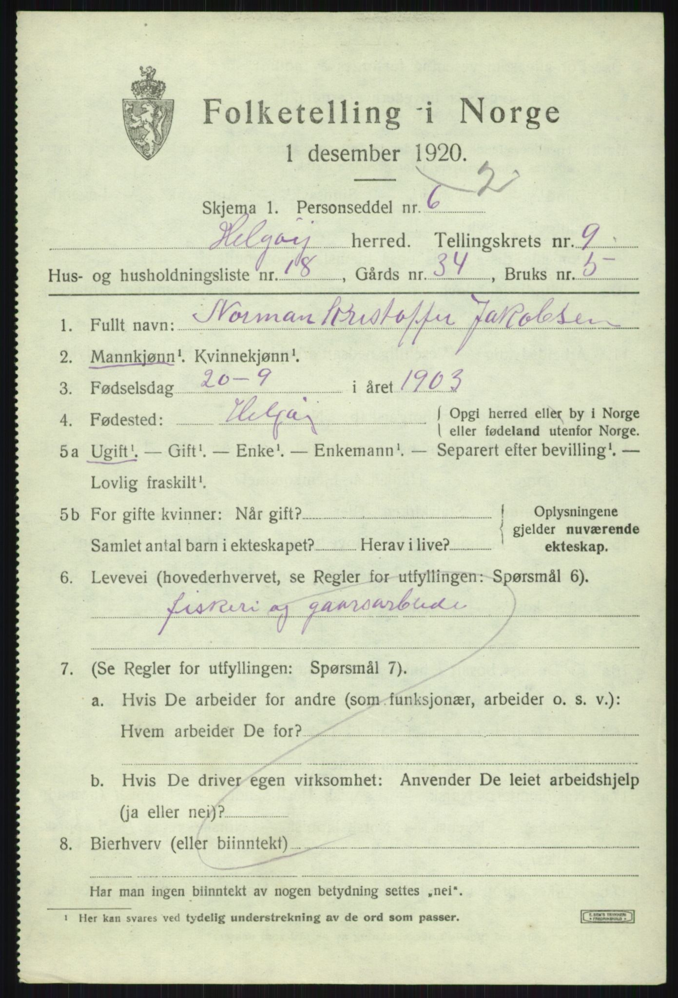 SATØ, 1920 census for Helgøy, 1920, p. 3523