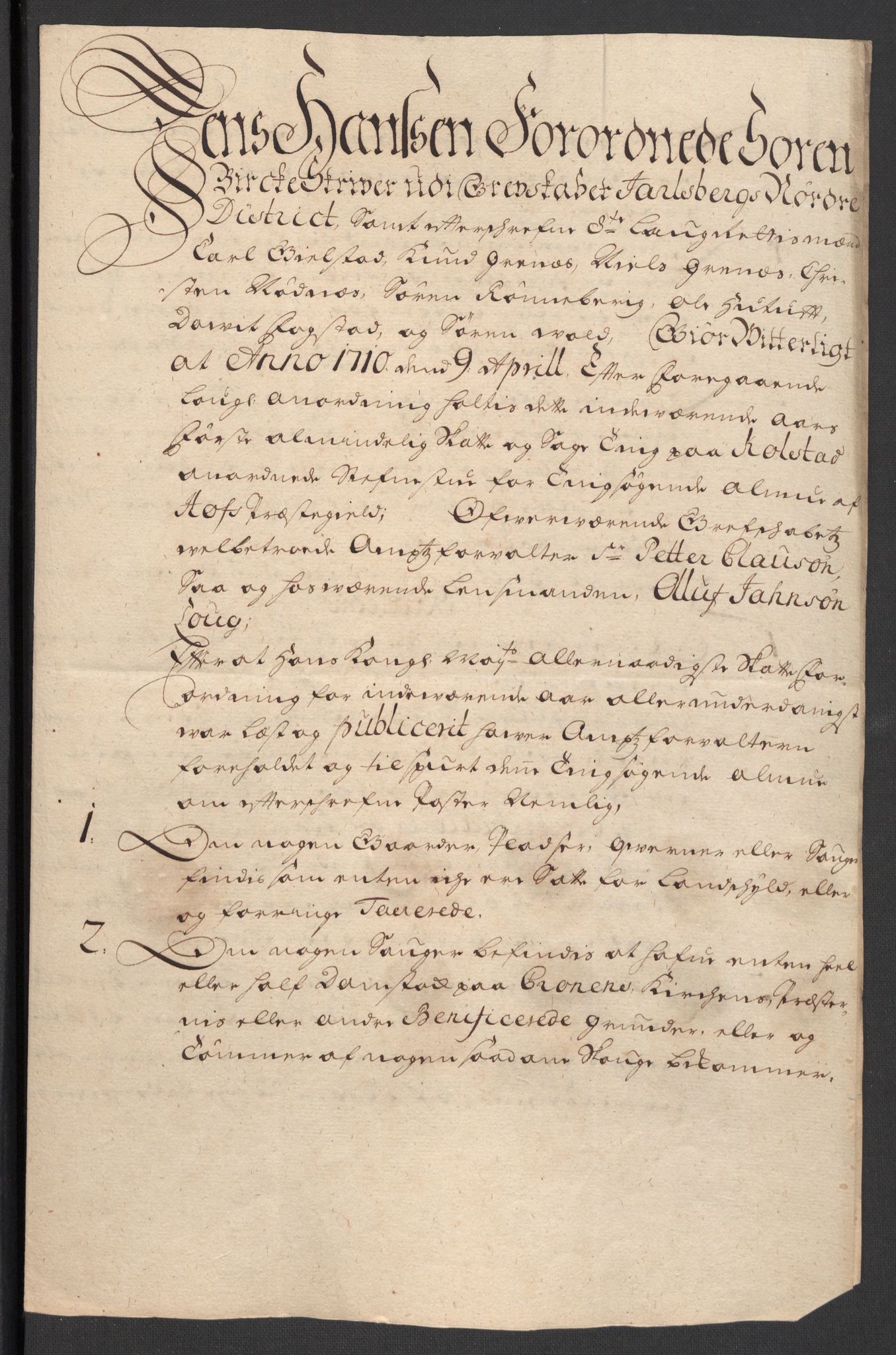 Rentekammeret inntil 1814, Reviderte regnskaper, Fogderegnskap, AV/RA-EA-4092/R32/L1875: Fogderegnskap Jarlsberg grevskap, 1710, p. 162