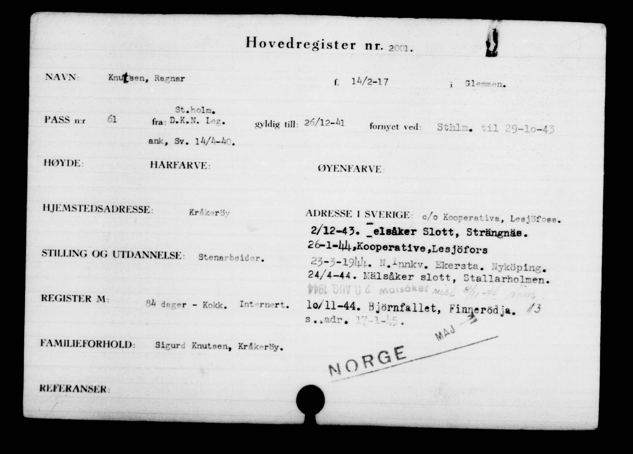 Utenriksstasjonene, Legasjonen i Stockholm, Flyktningkontoret, AV/RA-S-6753/V/Va/L0003: Kjesäterkartoteket, flyktninger med registreringsnr. 2001-3495, 1940-1945, p. 1