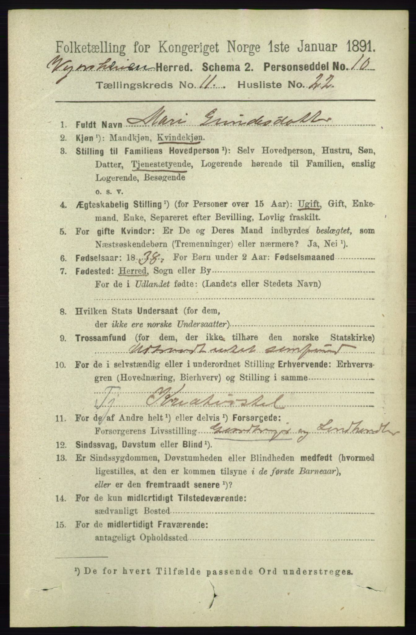 RA, 1891 census for 0912 Vegårshei, 1891, p. 2364