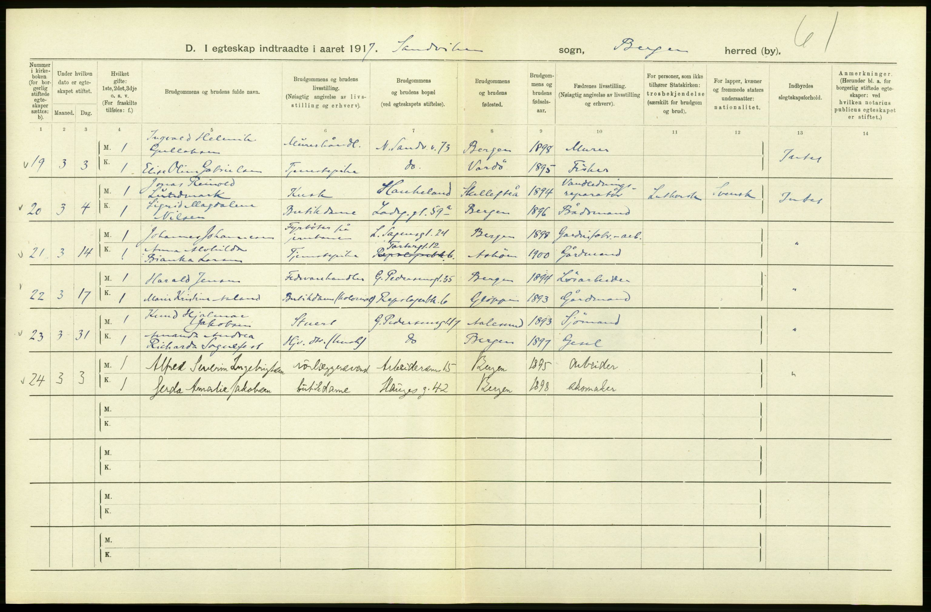 Statistisk sentralbyrå, Sosiodemografiske emner, Befolkning, RA/S-2228/D/Df/Dfb/Dfbg/L0038: Bergen: Gifte, døde, dødfødte., 1917, p. 238