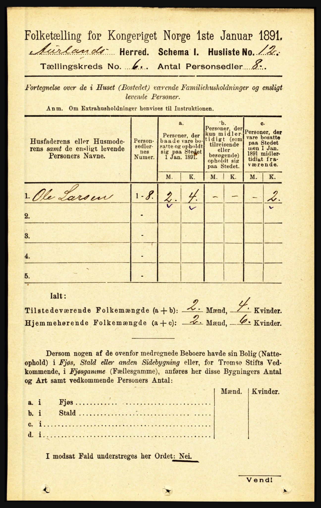 RA, 1891 census for 1421 Aurland, 1891, p. 2212