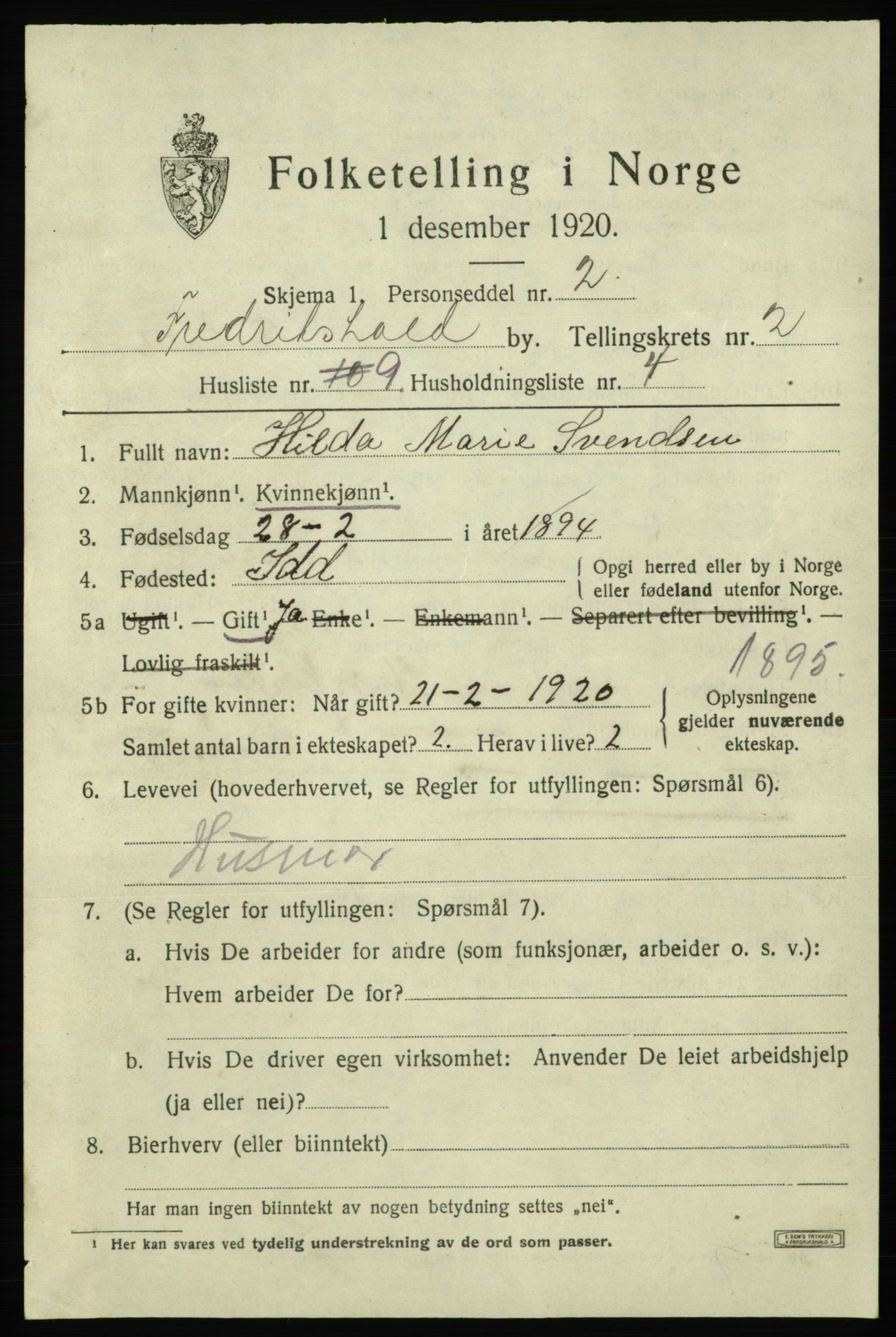 SAO, 1920 census for Fredrikshald, 1920, p. 9432