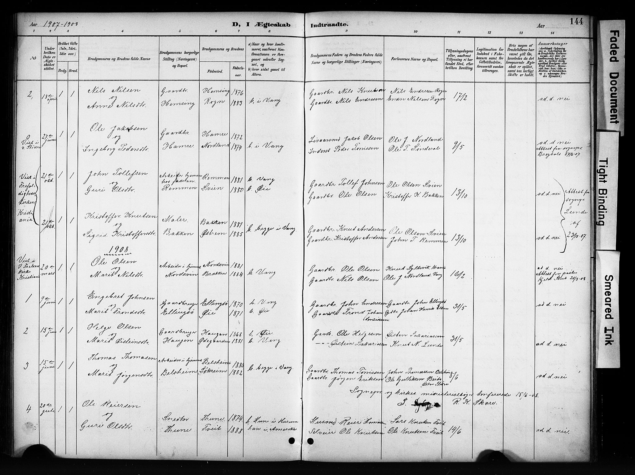 Vang prestekontor, Valdres, SAH/PREST-140/H/Hb/L0006: Parish register (copy) no. 6, 1893-1918, p. 144