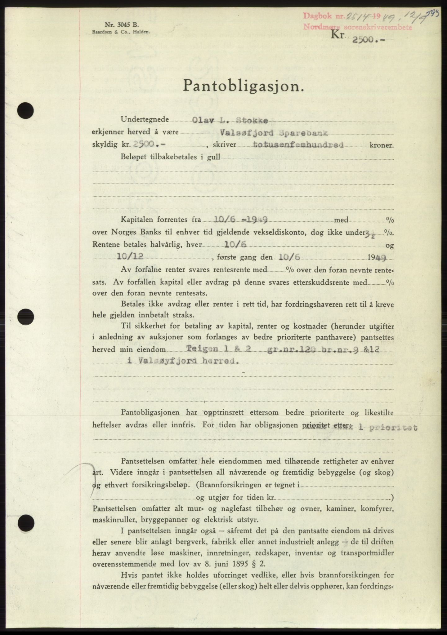 Nordmøre sorenskriveri, AV/SAT-A-4132/1/2/2Ca: Mortgage book no. B102, 1949-1949, Diary no: : 2514/1949