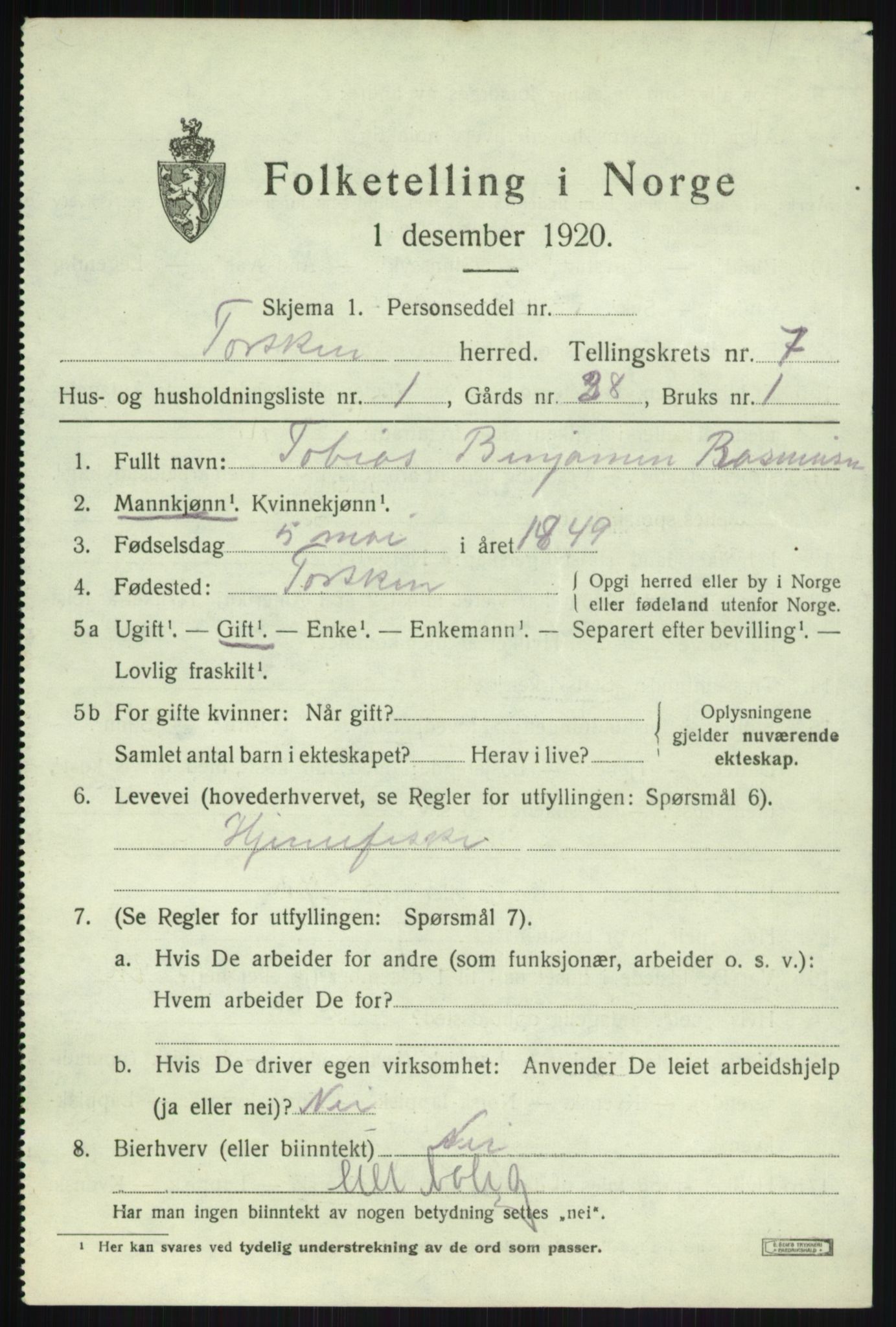 SATØ, 1920 census for Torsken, 1920, p. 3262