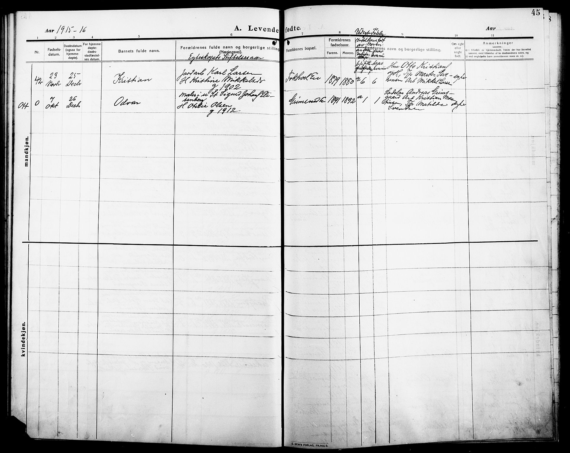 Stange prestekontor, AV/SAH-PREST-002/L/L0014: Parish register (copy) no. 14, 1909-1917, p. 45