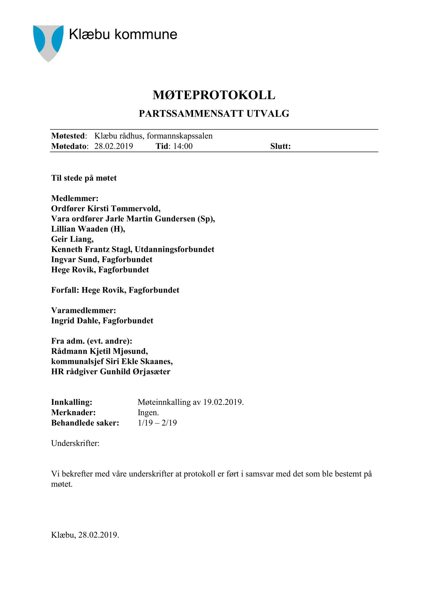 Klæbu Kommune, TRKO/KK/11-PSU/L004: Partssammensatt utvalg - Møtedokumenter, 2019, p. 11