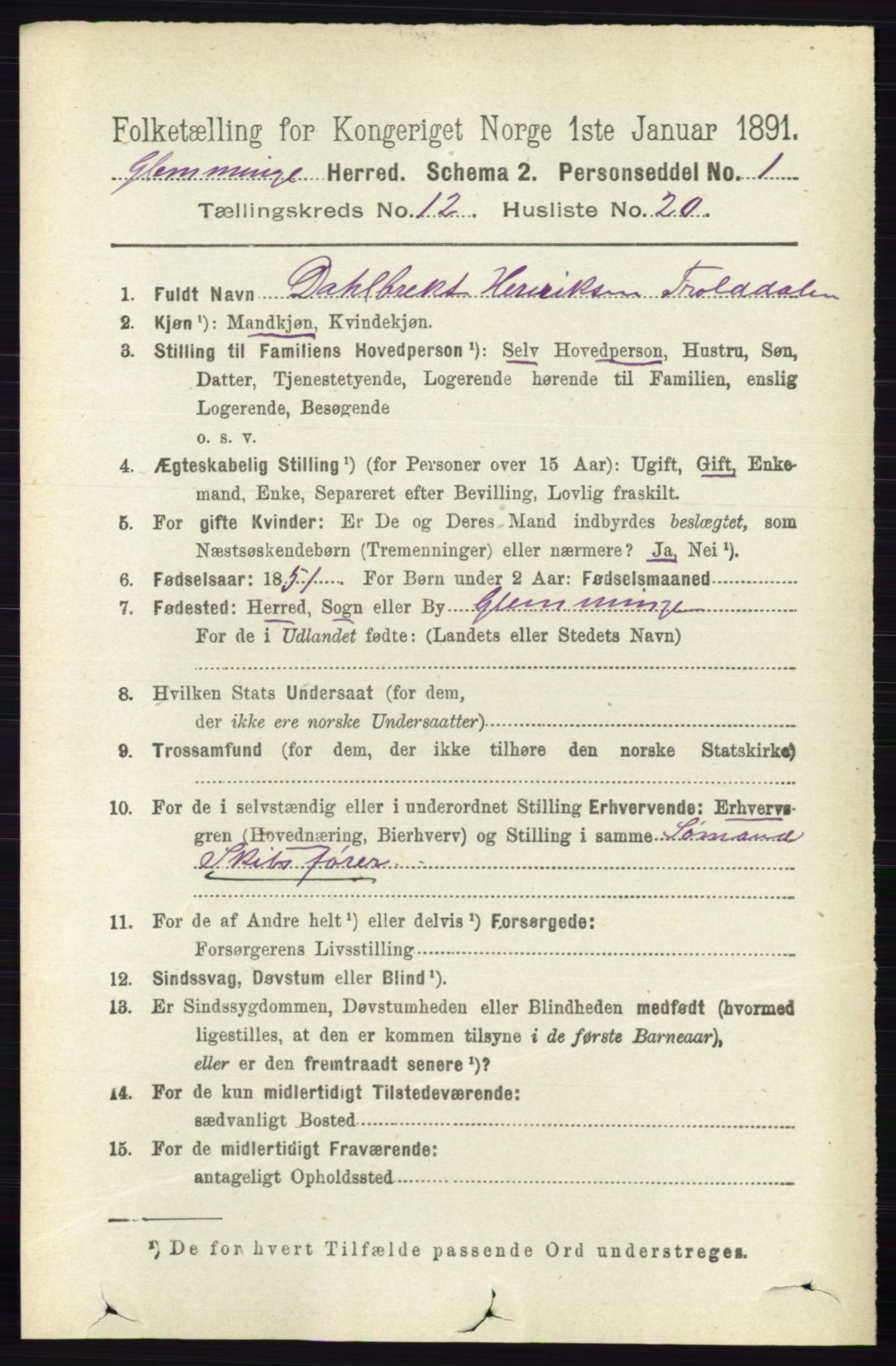 RA, 1891 census for 0132 Glemmen, 1891, p. 10937