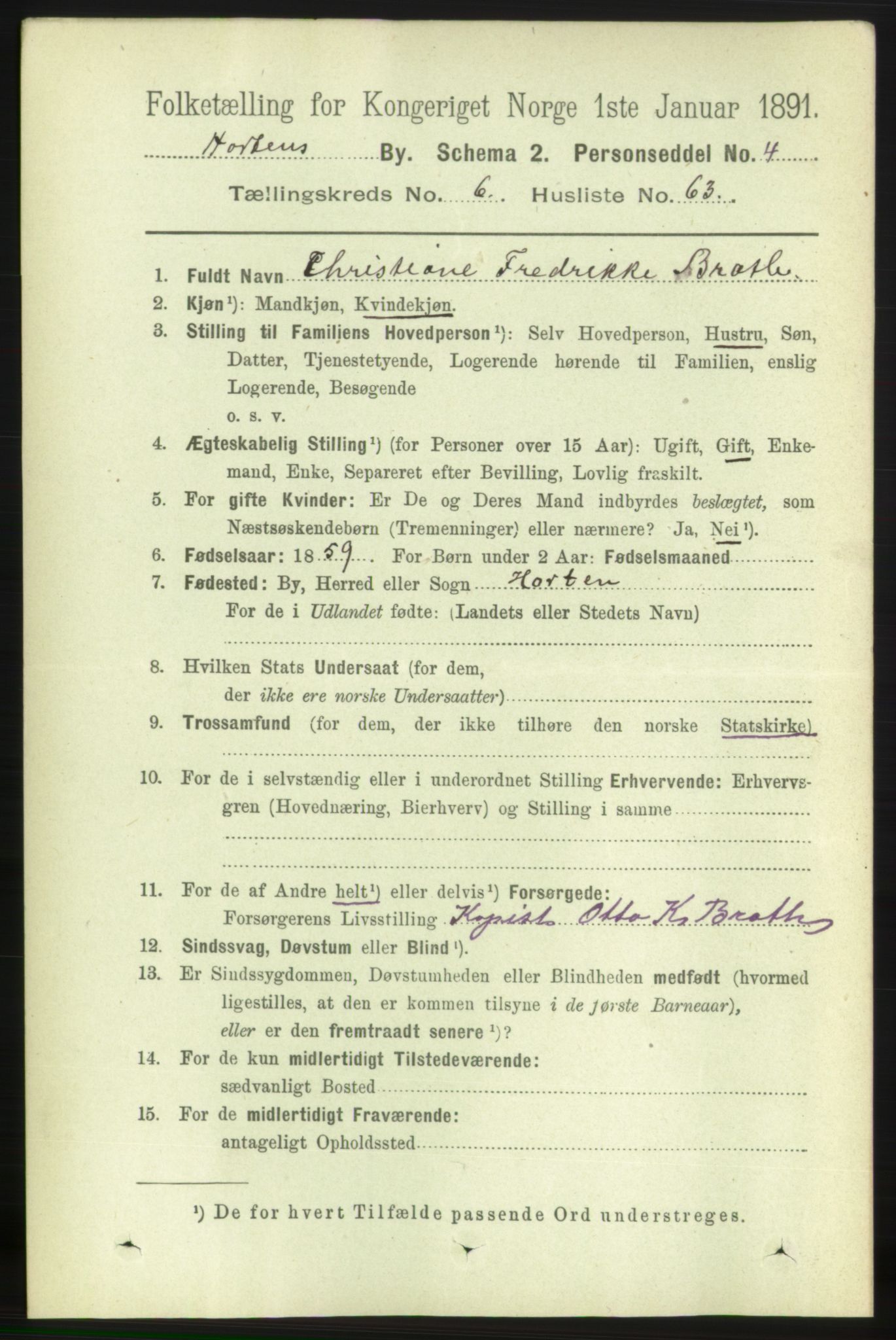 RA, 1891 census for 0703 Horten, 1891, p. 4313