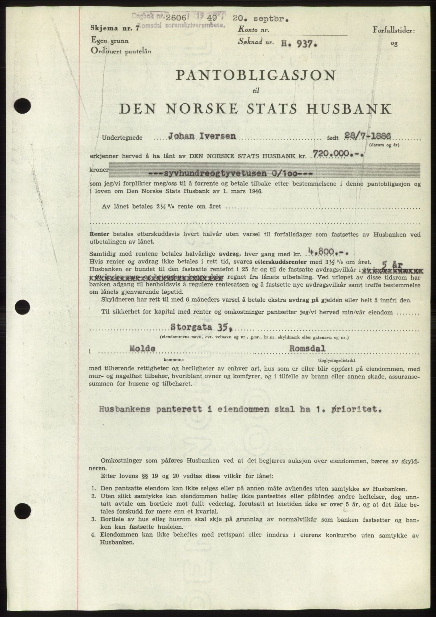 Romsdal sorenskriveri, AV/SAT-A-4149/1/2/2C: Mortgage book no. B4, 1948-1949, Diary no: : 2606/1949