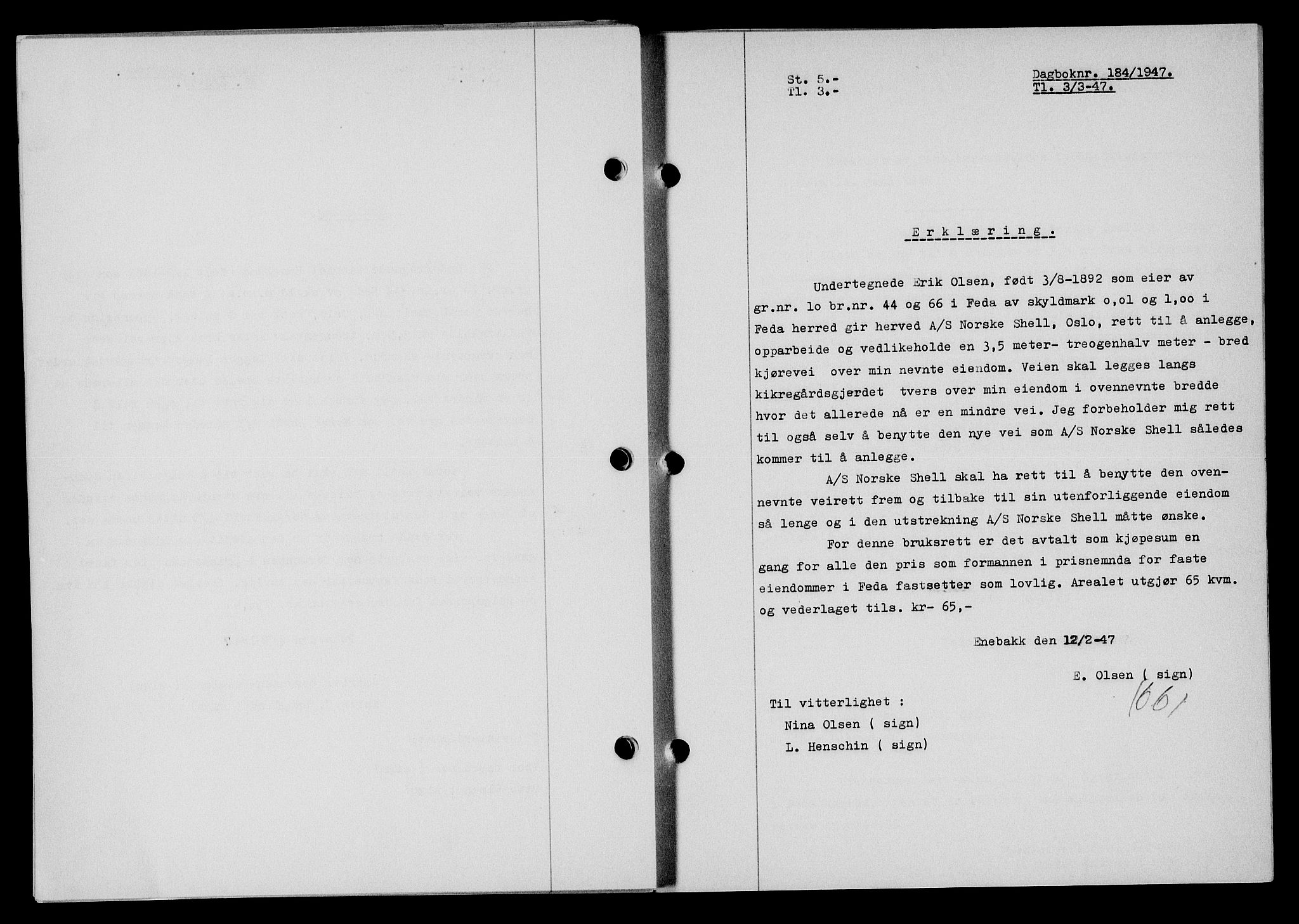 Flekkefjord sorenskriveri, SAK/1221-0001/G/Gb/Gba/L0061: Mortgage book no. A-9, 1946-1947, Diary no: : 184/1947