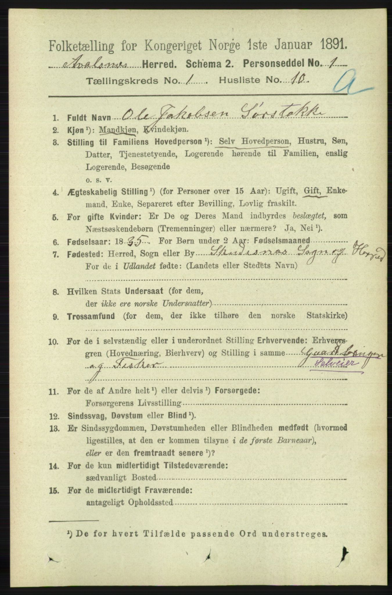 RA, 1891 census for 1147 Avaldsnes, 1891, p. 208