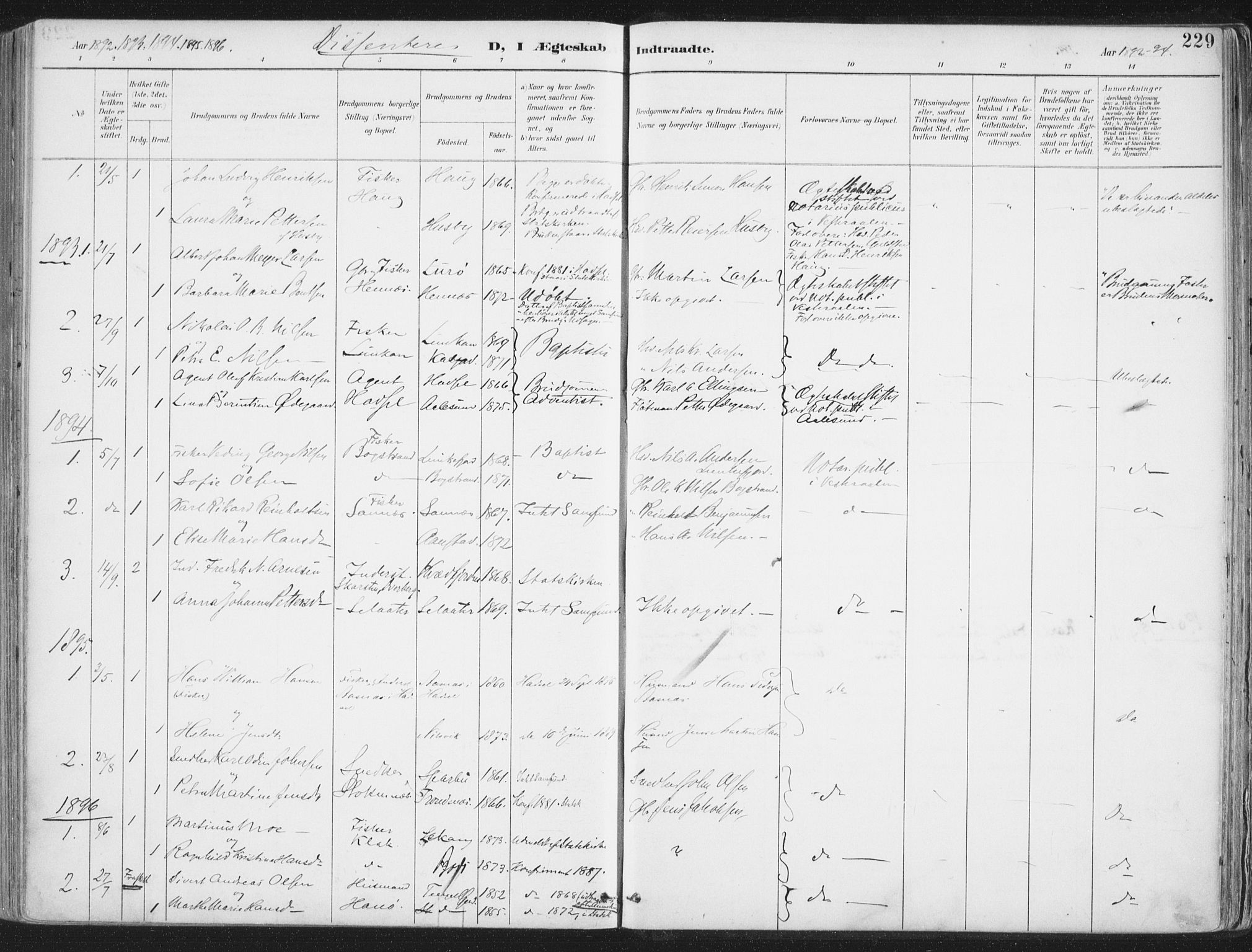 Ministerialprotokoller, klokkerbøker og fødselsregistre - Nordland, SAT/A-1459/888/L1246: Parish register (official) no. 888A12, 1891-1903, p. 229