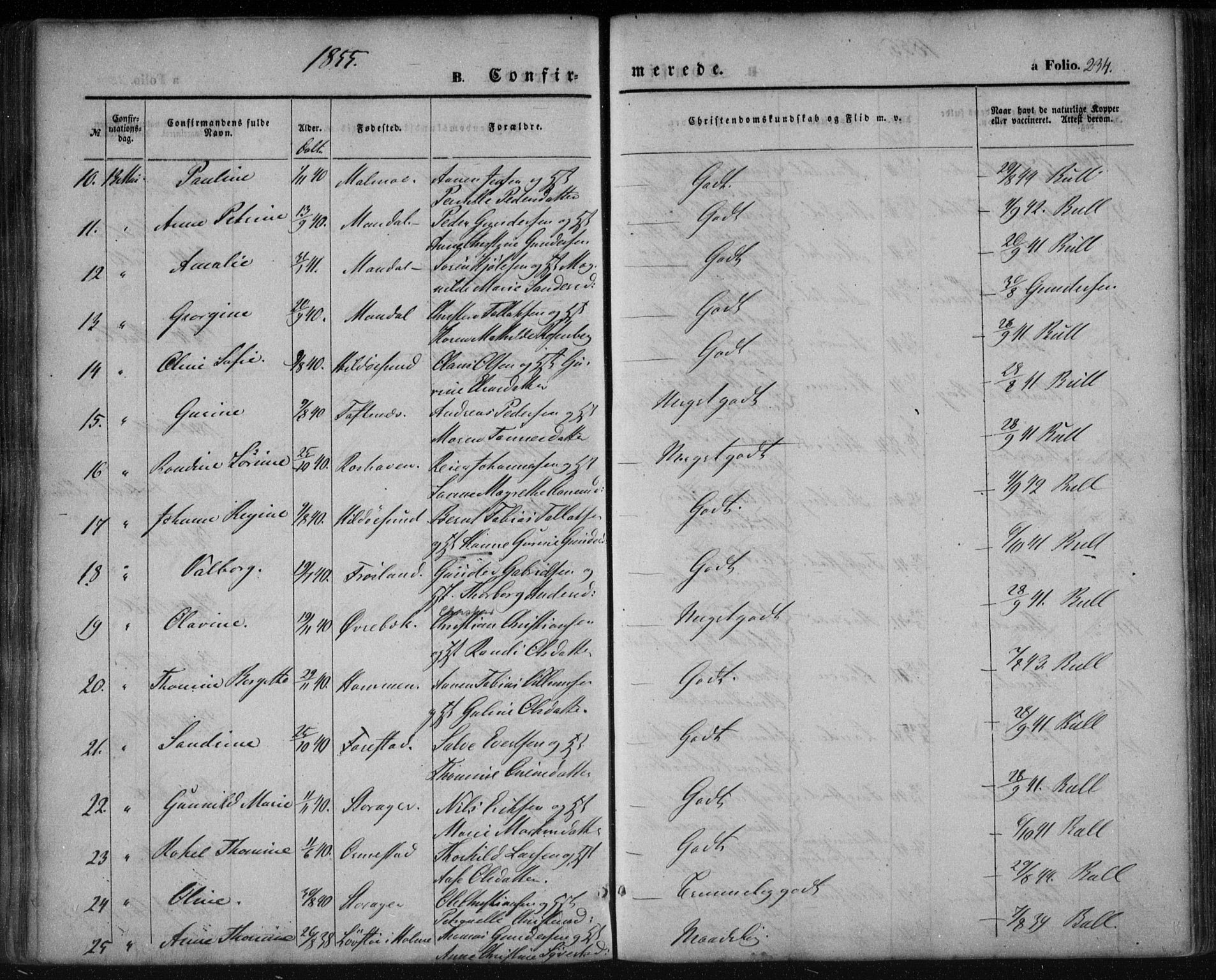 Mandal sokneprestkontor, AV/SAK-1111-0030/F/Fa/Faa/L0013: Parish register (official) no. A 13, 1847-1859, p. 234