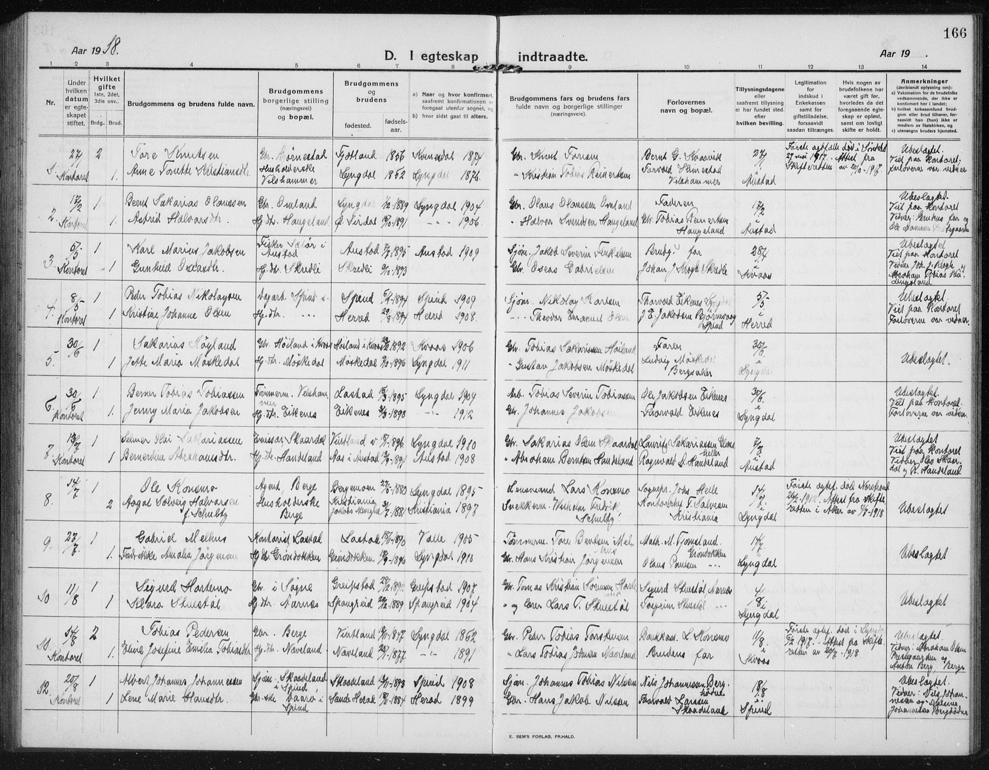 Lyngdal sokneprestkontor, AV/SAK-1111-0029/F/Fb/Fbc/L0006: Parish register (copy) no. B 6, 1914-1934, p. 166