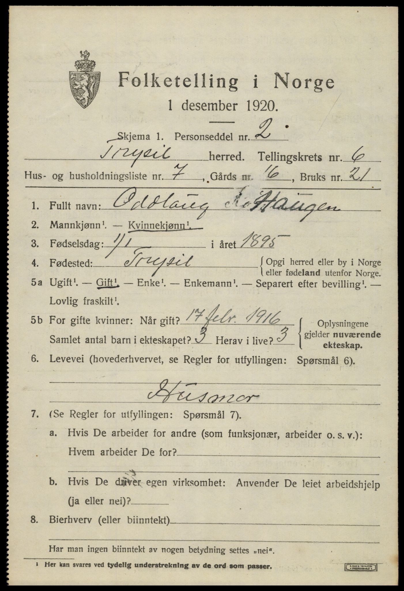 SAH, 1920 census for Trysil, 1920, p. 4603
