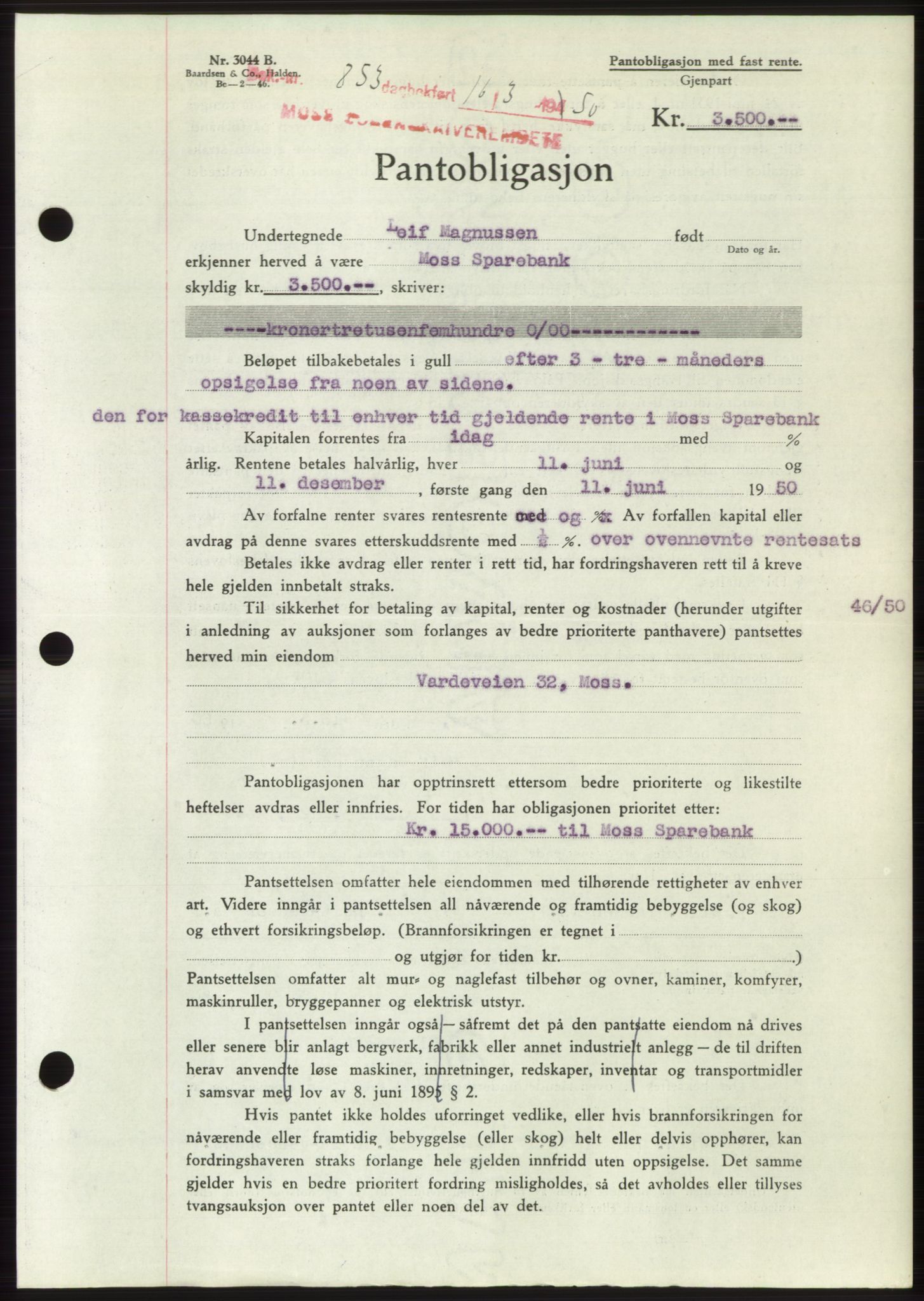 Moss sorenskriveri, AV/SAO-A-10168: Mortgage book no. B24, 1950-1950, Diary no: : 853/1950