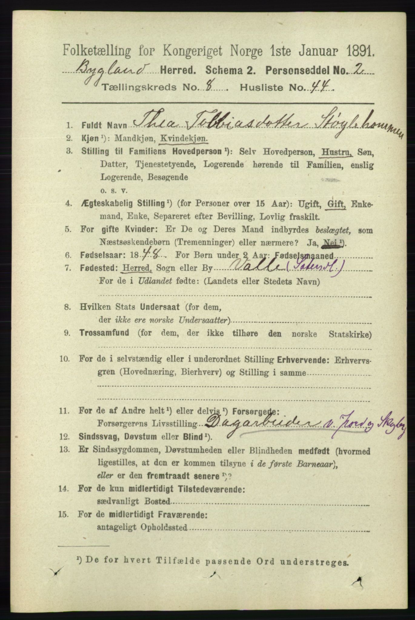 RA, 1891 census for 0938 Bygland, 1891, p. 2186