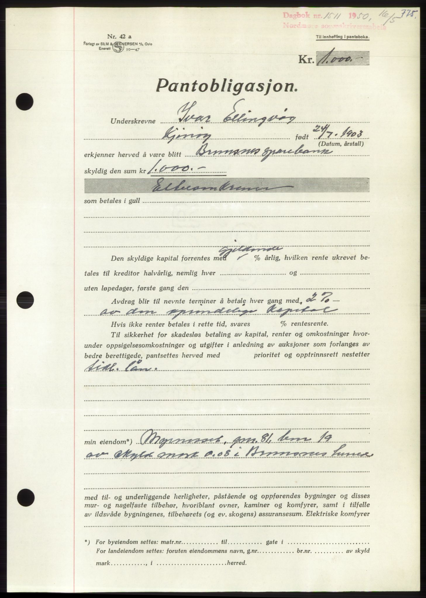 Nordmøre sorenskriveri, AV/SAT-A-4132/1/2/2Ca: Mortgage book no. B104, 1950-1950, Diary no: : 1511/1950