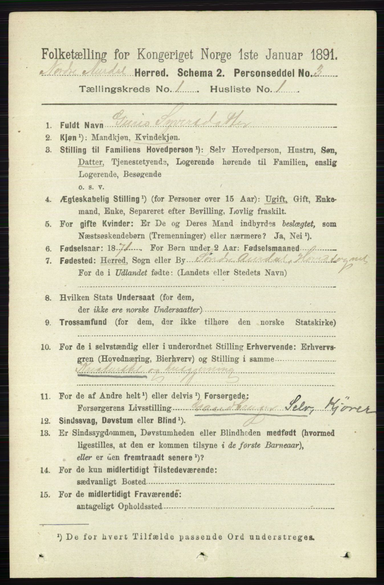 RA, 1891 census for 0542 Nord-Aurdal, 1891, p. 122