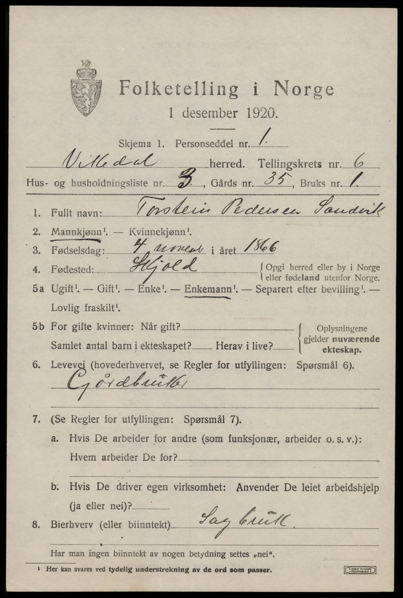 SAST, 1920 census for Vikedal, 1920, p. 2549