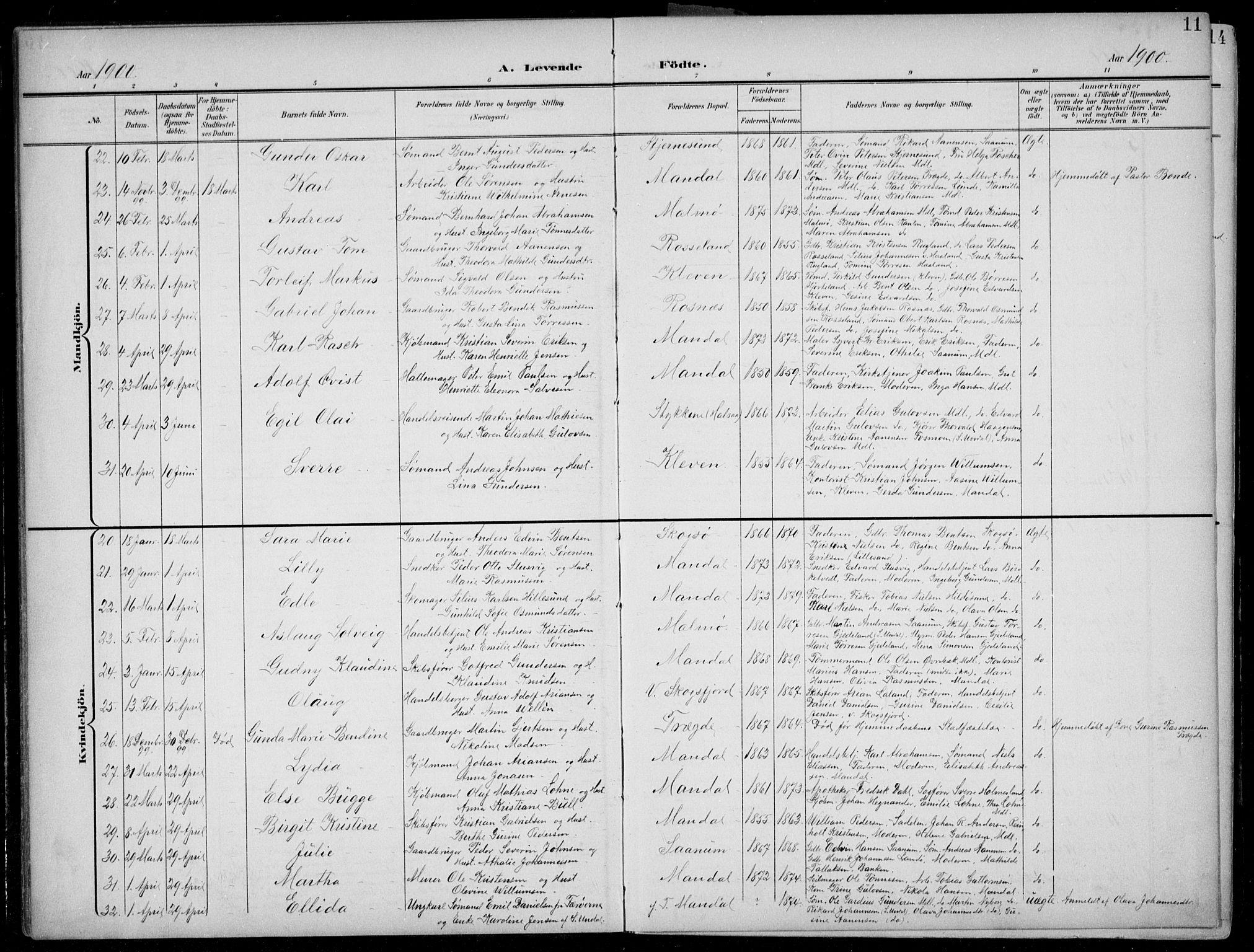 Mandal sokneprestkontor, AV/SAK-1111-0030/F/Fb/Fba/L0012: Parish register (copy) no. B 6, 1899-1918, p. 11