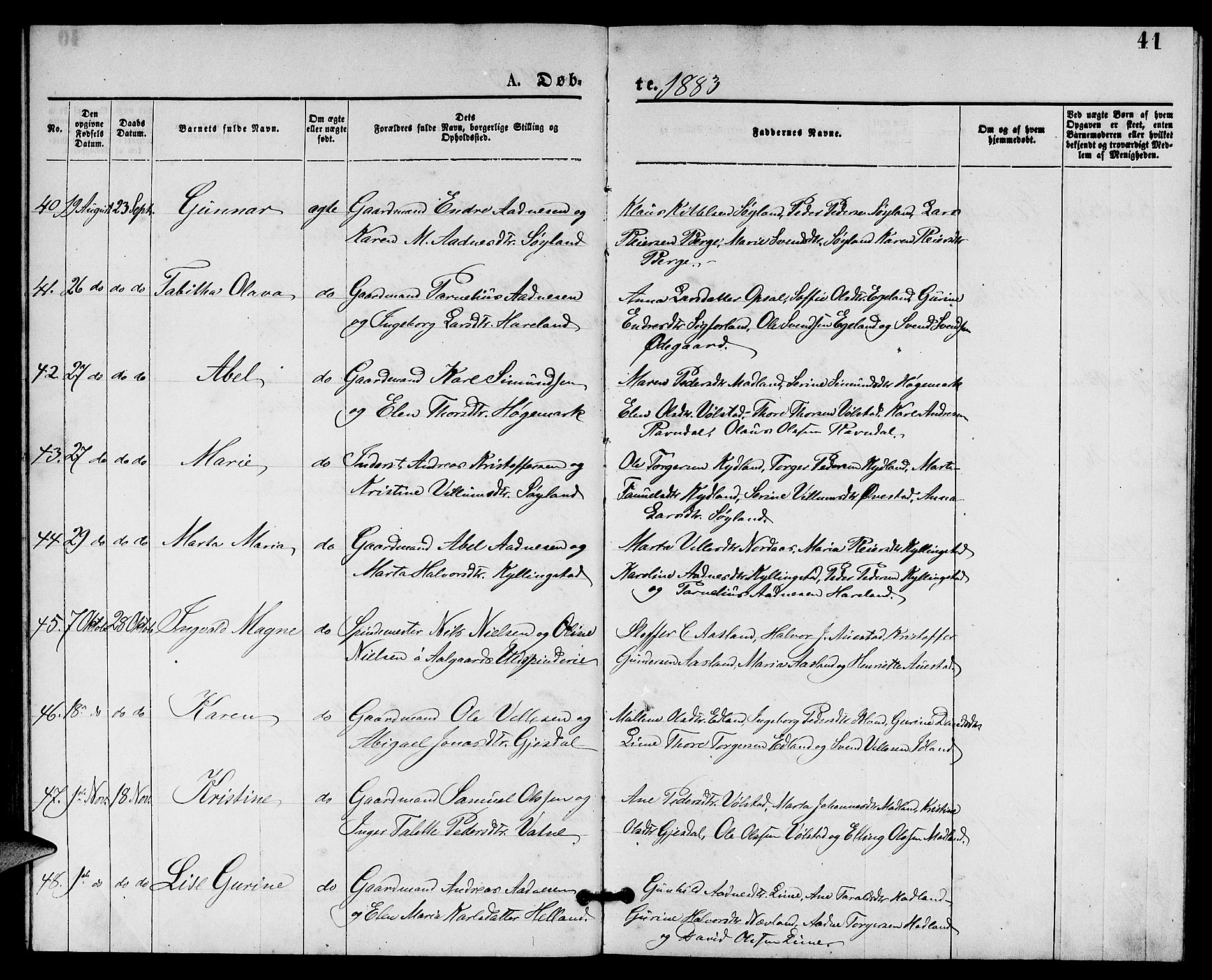 Lye sokneprestkontor, AV/SAST-A-101794/001/30BB/L0005: Parish register (copy) no. B 5, 1875-1886, p. 41