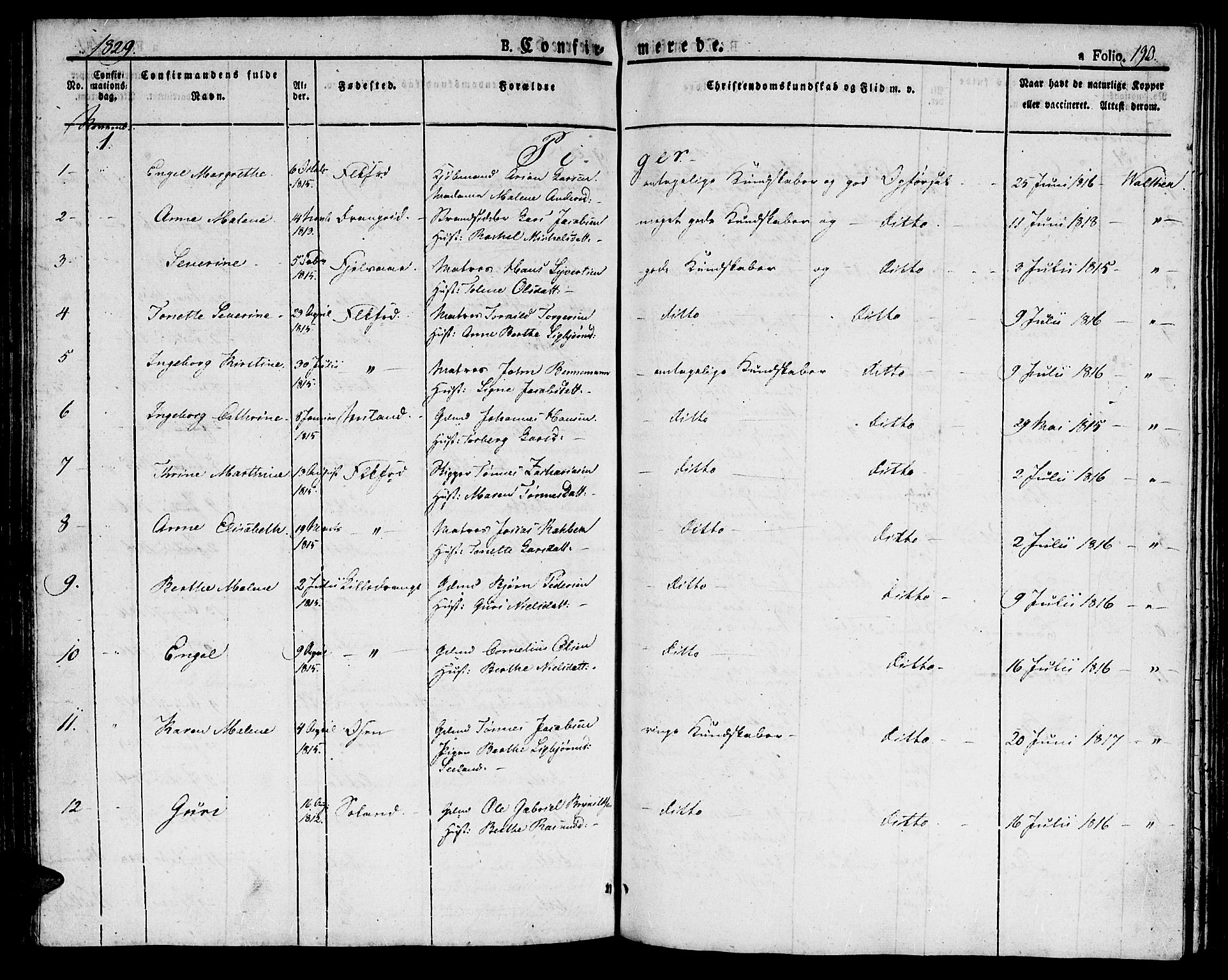 Flekkefjord sokneprestkontor, SAK/1111-0012/F/Fb/Fbc/L0004: Parish register (copy) no. B 4, 1827-1846, p. 190