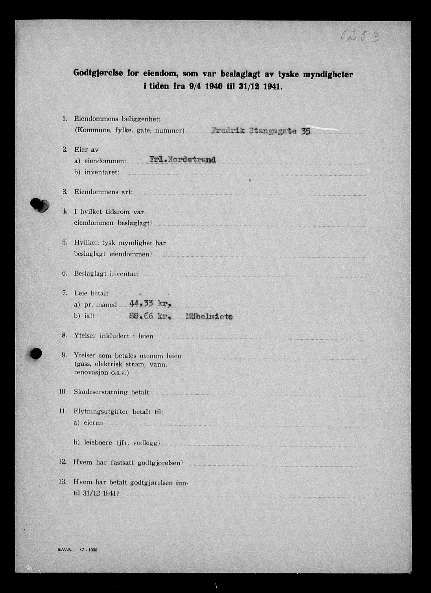 Justisdepartementet, Tilbakeføringskontoret for inndratte formuer, AV/RA-S-1564/I/L1011: Godtgjørelse for beslaglagt eiendom, 1940-1941, p. 304