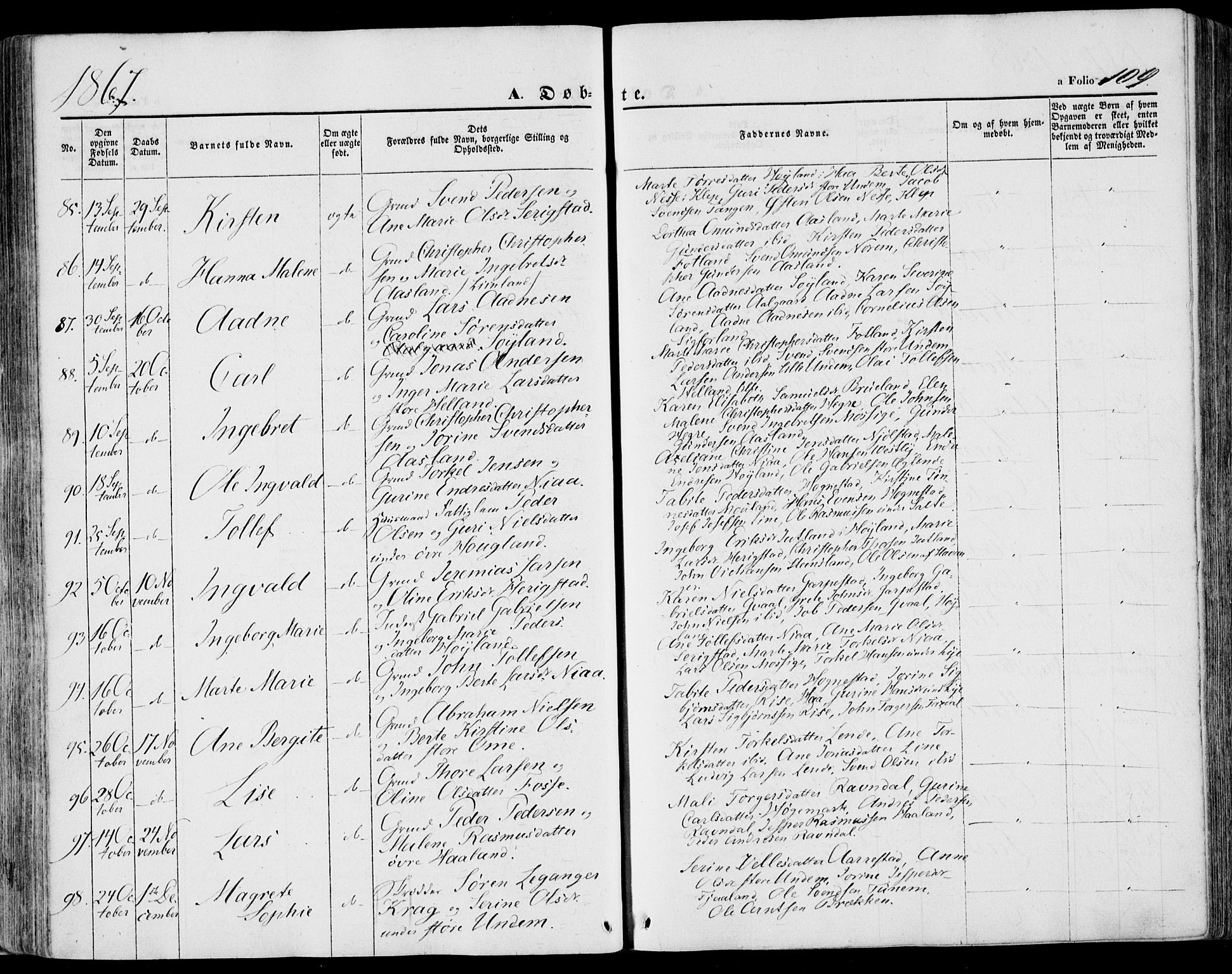 Lye sokneprestkontor, SAST/A-101794/001/30BA/L0007: Parish register (official) no. A 6, 1856-1871, p. 109