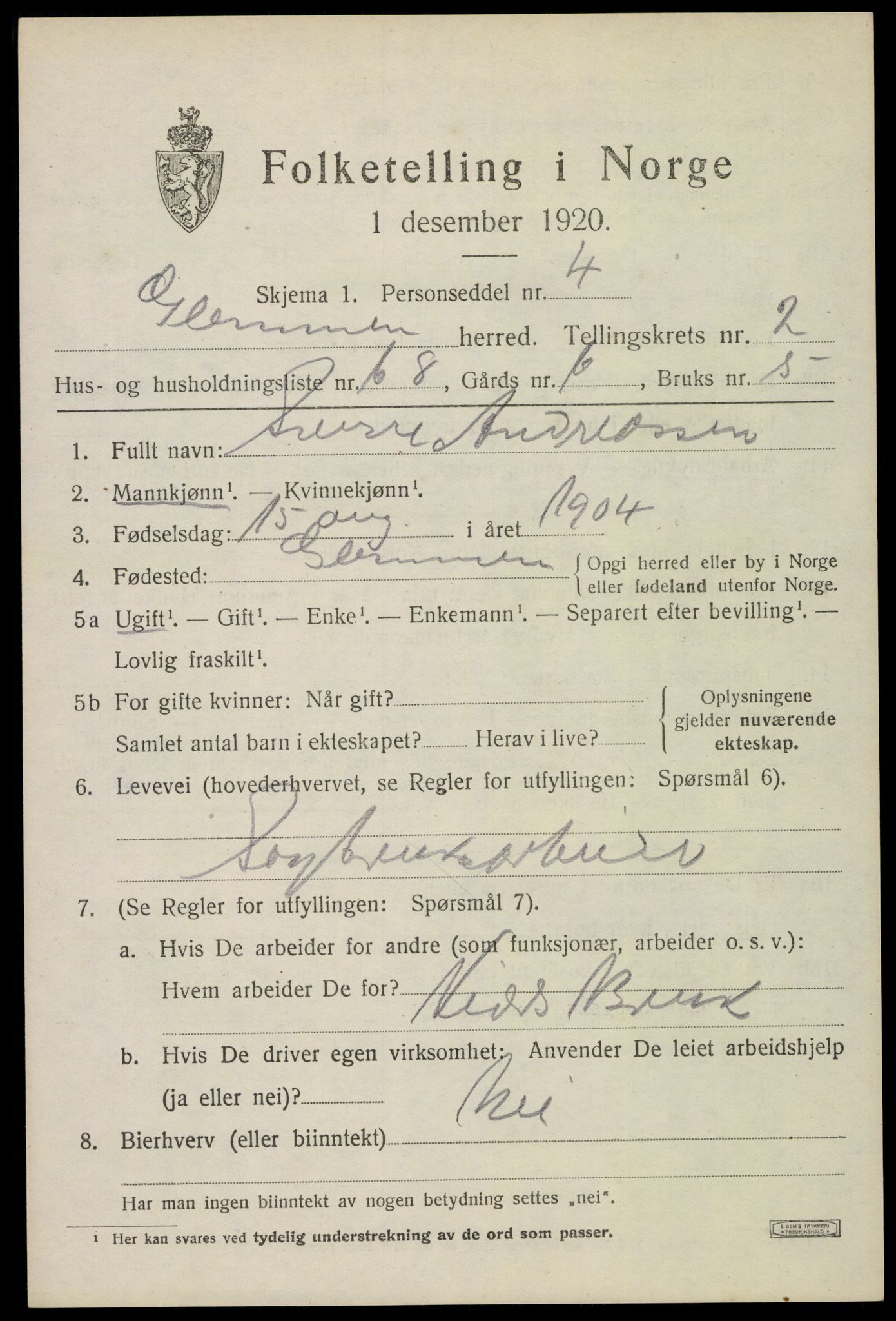 SAO, 1920 census for Glemmen, 1920, p. 5153