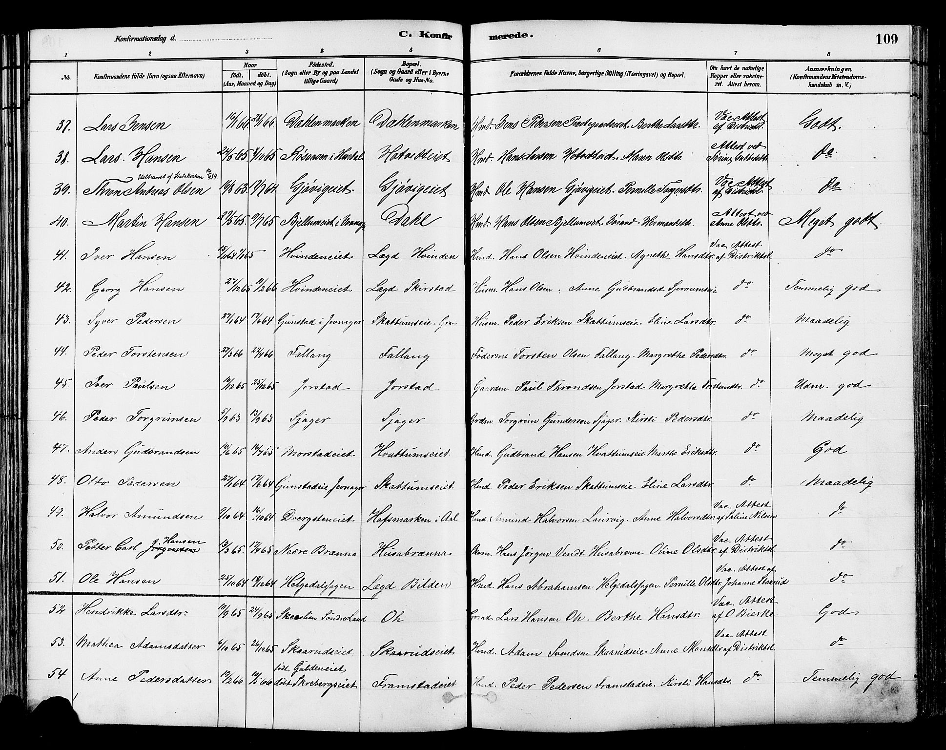 Gran prestekontor, AV/SAH-PREST-112/H/Ha/Haa/L0014: Parish register (official) no. 14, 1880-1889, p. 109