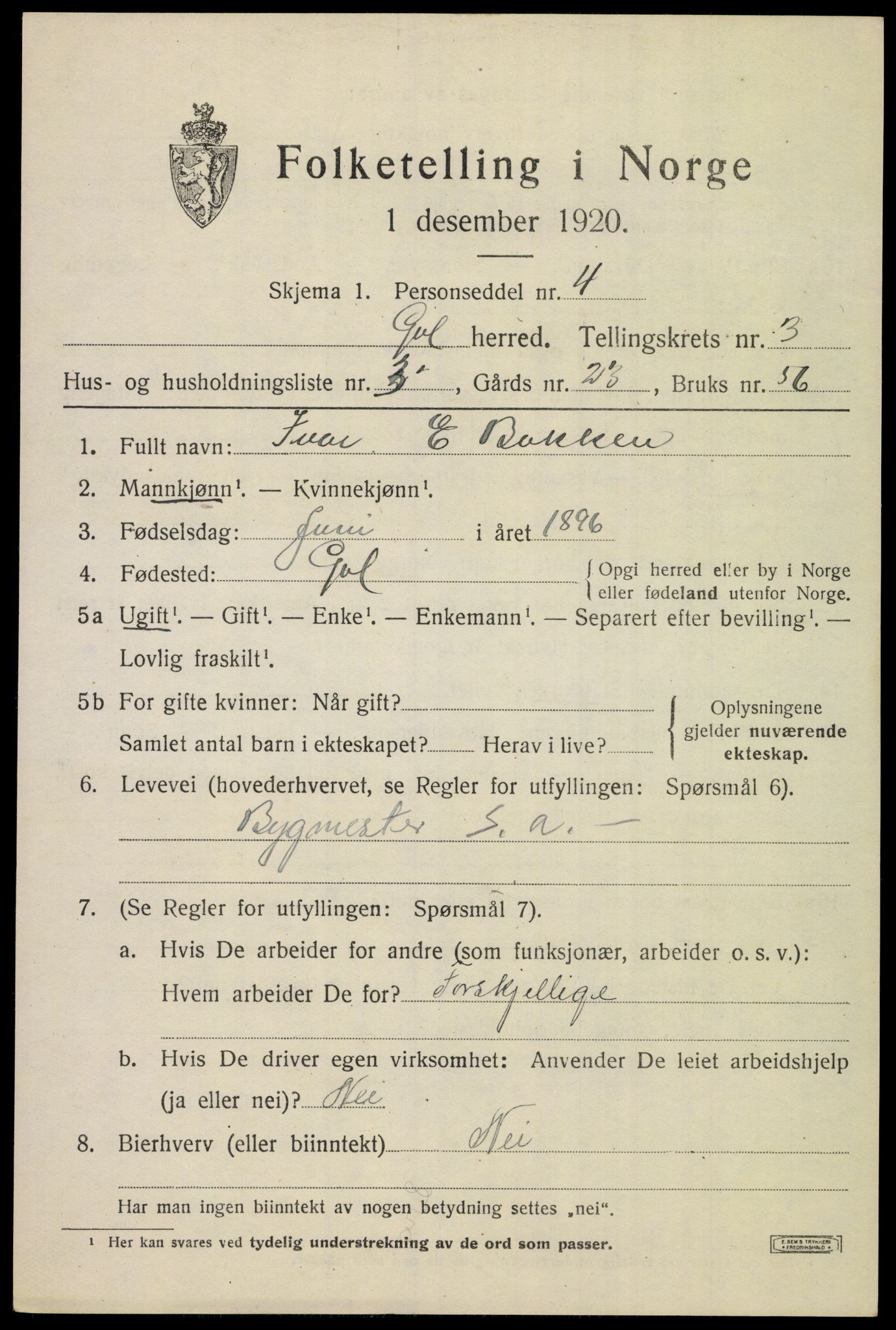 SAKO, 1920 census for Gol, 1920, p. 2216