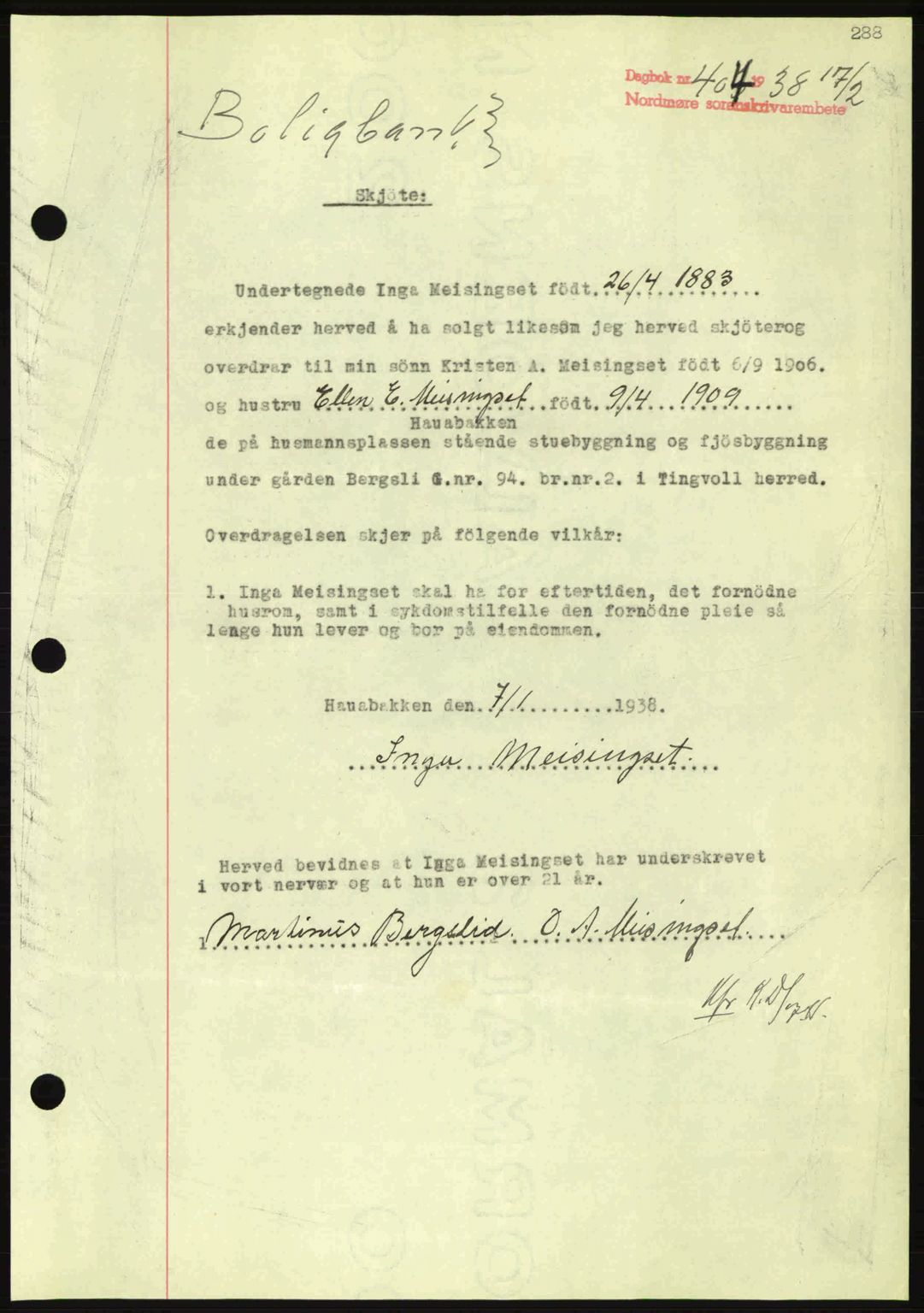 Nordmøre sorenskriveri, AV/SAT-A-4132/1/2/2Ca: Mortgage book no. A83, 1938-1938, Diary no: : 404/1938