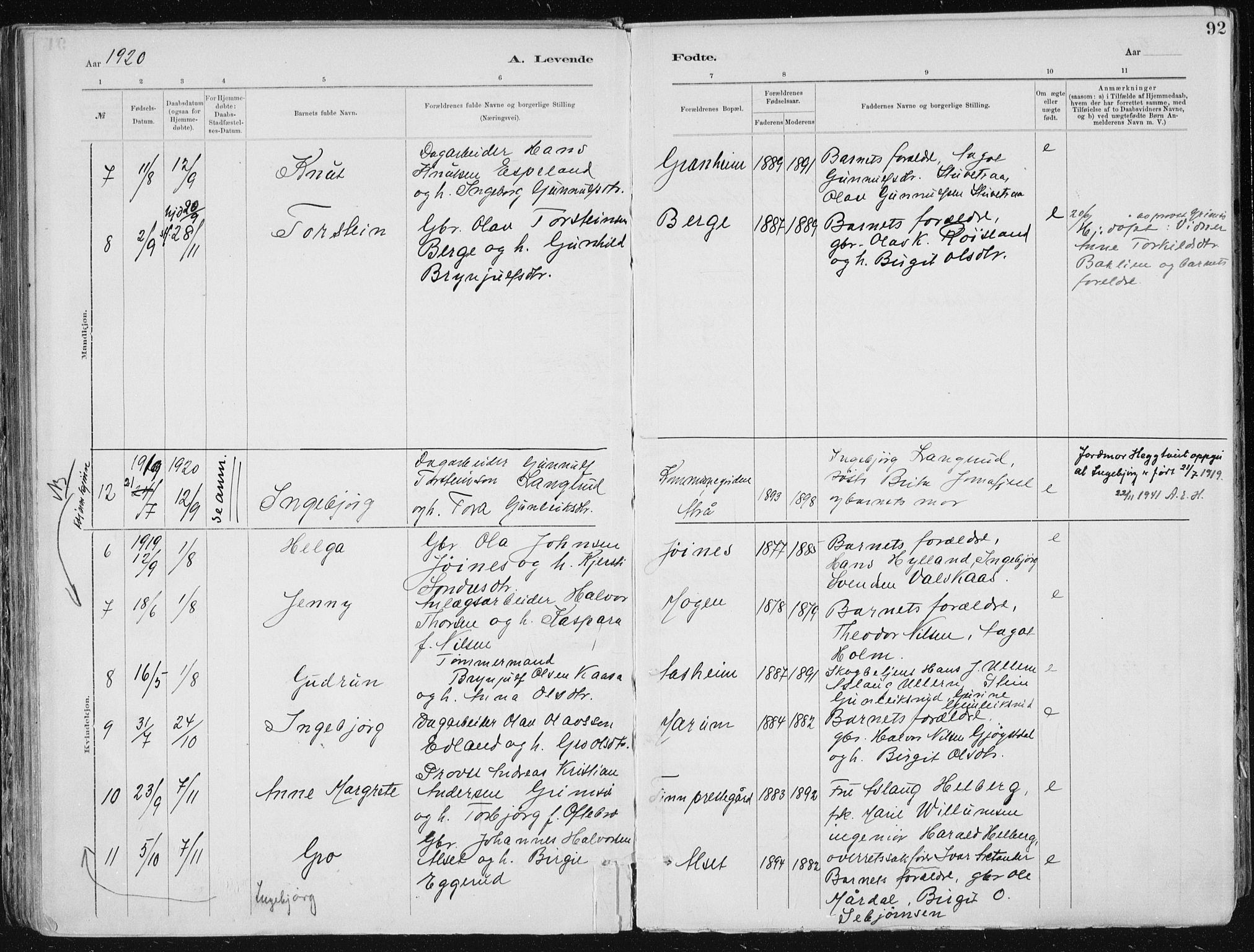 Tinn kirkebøker, AV/SAKO-A-308/F/Fa/L0007: Parish register (official) no. I 7, 1878-1922, p. 92